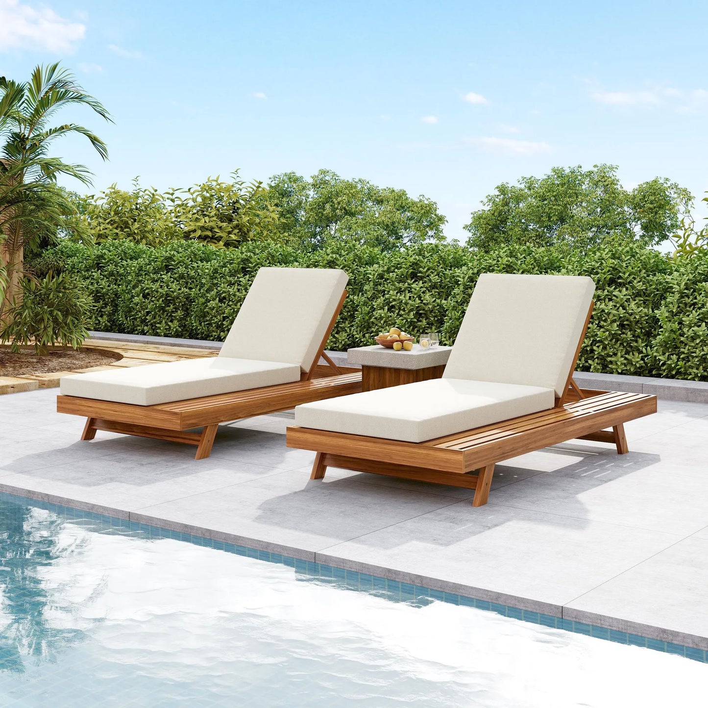 LOUNGE CHAISE SET, SPACE AVAILABLE ON ONE SIDE,ACACIA WOOD WITH WATER-RESISTANT LOUNGE CUSHIONS (CREAM & 4 INCH THICK) - MATCHING DARK GREY VERSION – view 6