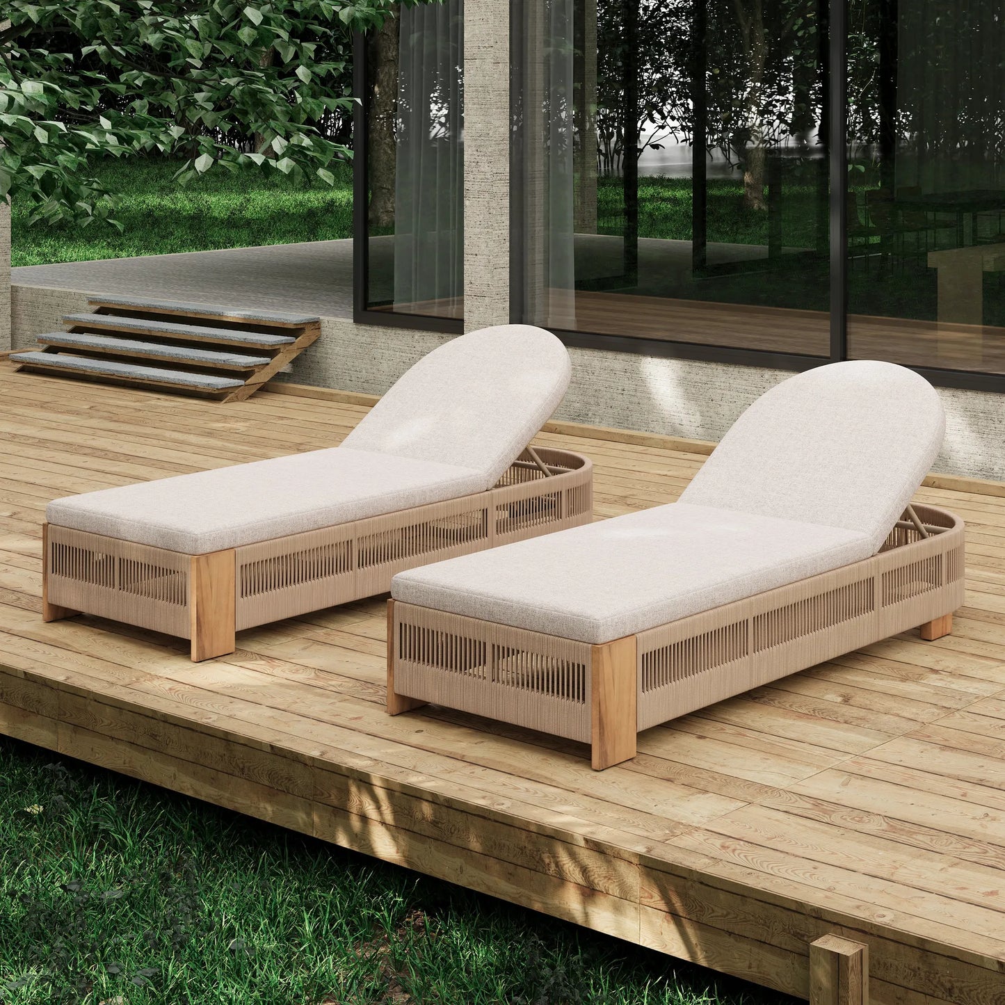 Outdoor Chaise Lounge Chair, Acacia wood Pool Chair with Adjustable Backrest and Cushion, Outdoor Lounge Chair for Beach, Yard, or Poolside (Beige – view 6