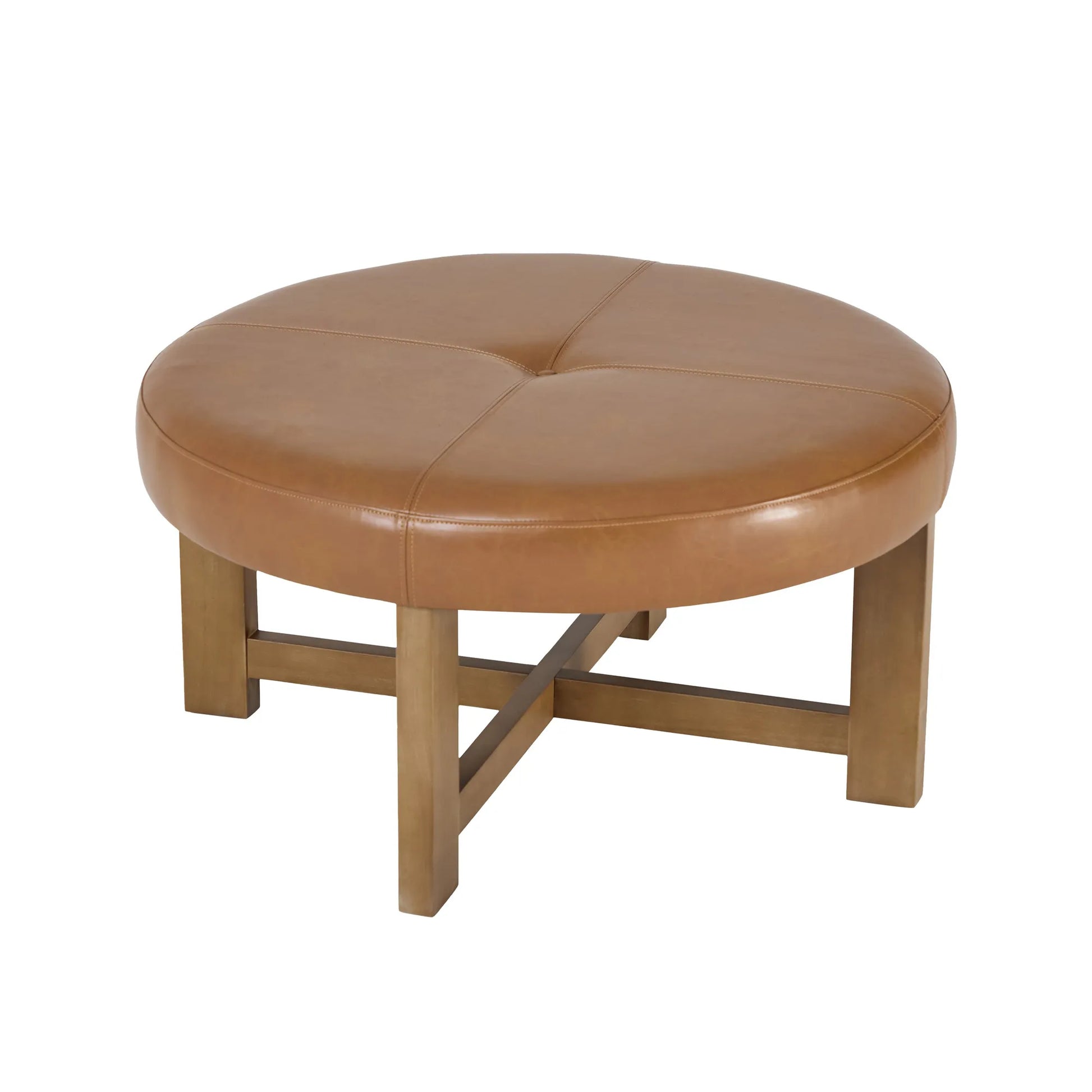 Round Leather Ottoman Coffee Table with Solid Wood Base, Tufted Faux Leather Upholstered Footrest, Brown Top with Walnut Finish Legs – view 6