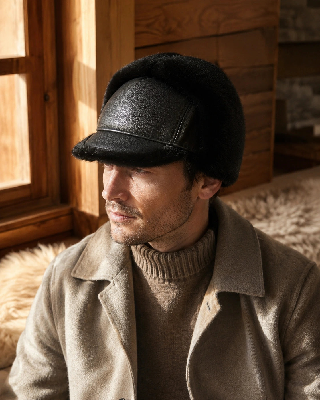 Man over 35 wearing the Natural Black leather-and-fur cap with ear coverage in a wood interior