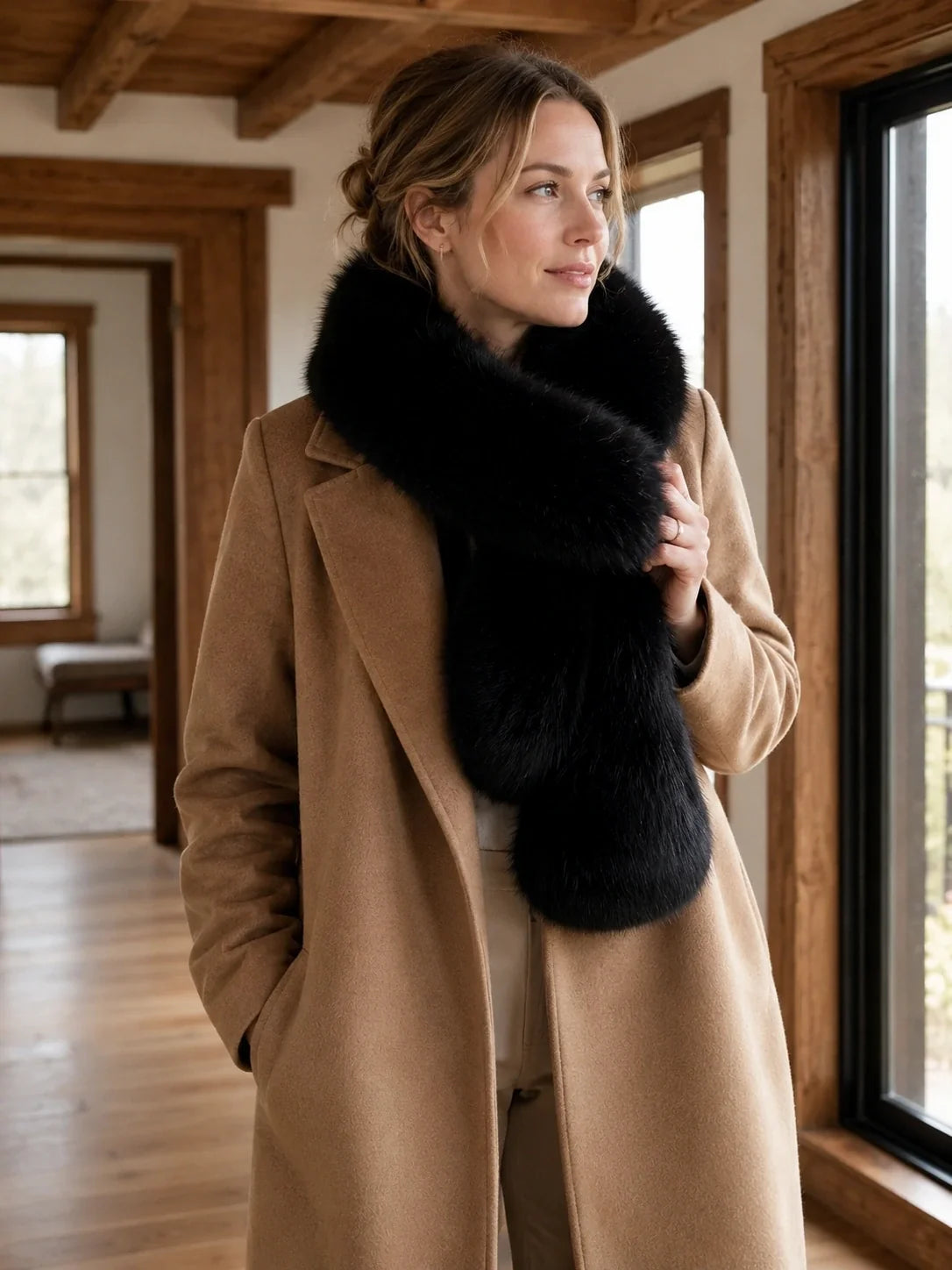 Woman styling a Natural Black fox fur scarf with a camel coat