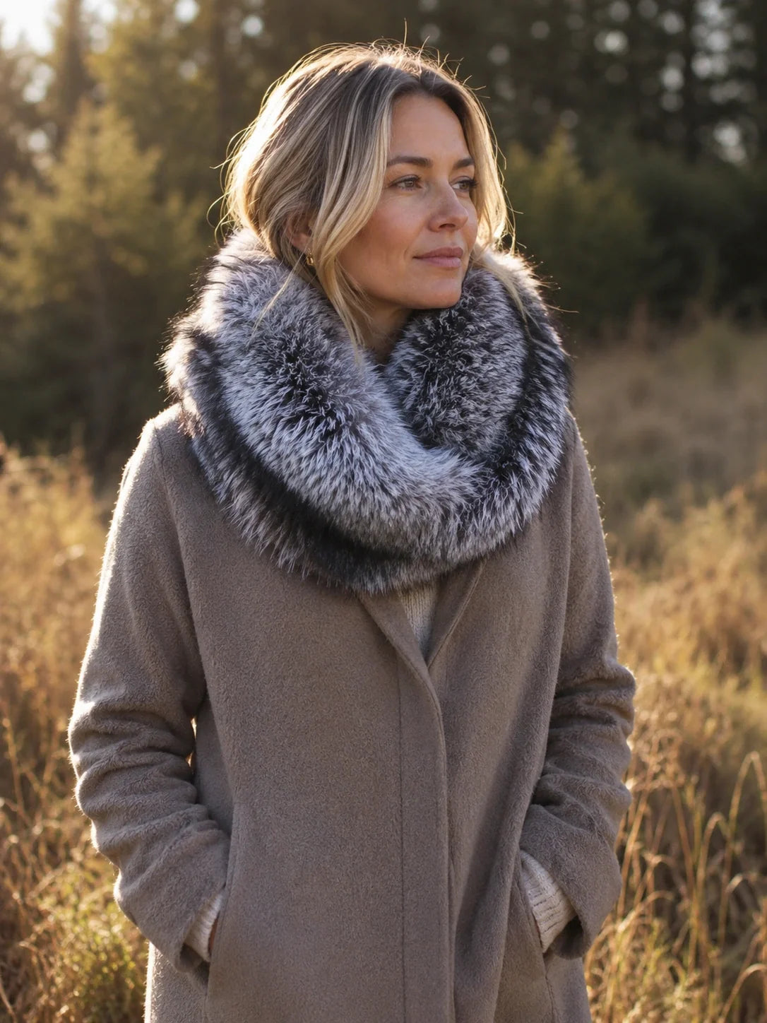 Woman wearing a natural silver fox fur collar outdoors with a taupe winter coat