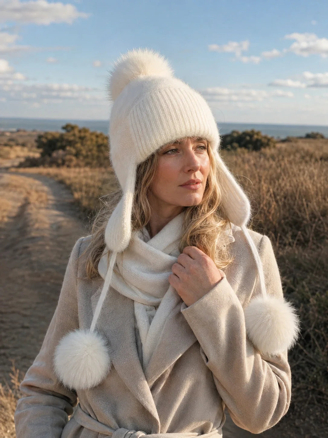 Woman wearing a neutral knit earflap pom-pom hat on a coastal walk