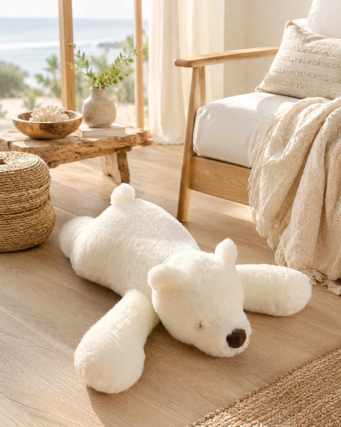 Polar Bear genuine natural fur floor cushion styled in a bright neutral bedroom