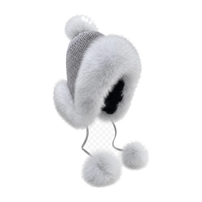 Blue Fox Gray genuine fox fur earflap trapper hat on transparent background