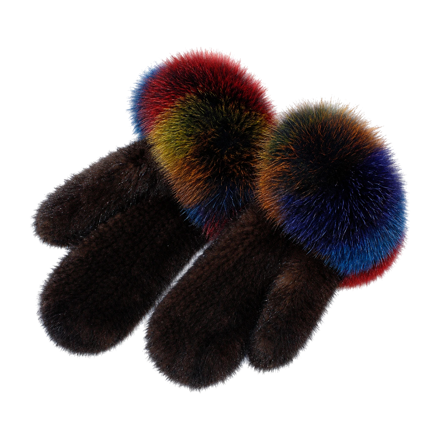 Brown Rainbow Cuff genuine mink fur mittens with multicolor fox fur cuffs on transparent background