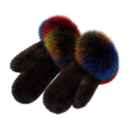 Brown Rainbow Cuff genuine mink fur mittens with multicolor fox fur cuffs on transparent background
