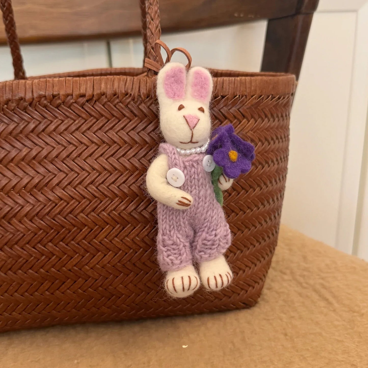 Purple overalls rabbit with flower wool felt charm