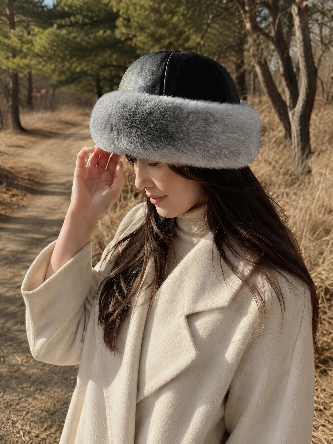 Silver Gray rabbit fur leather round hat with an autumn outfit