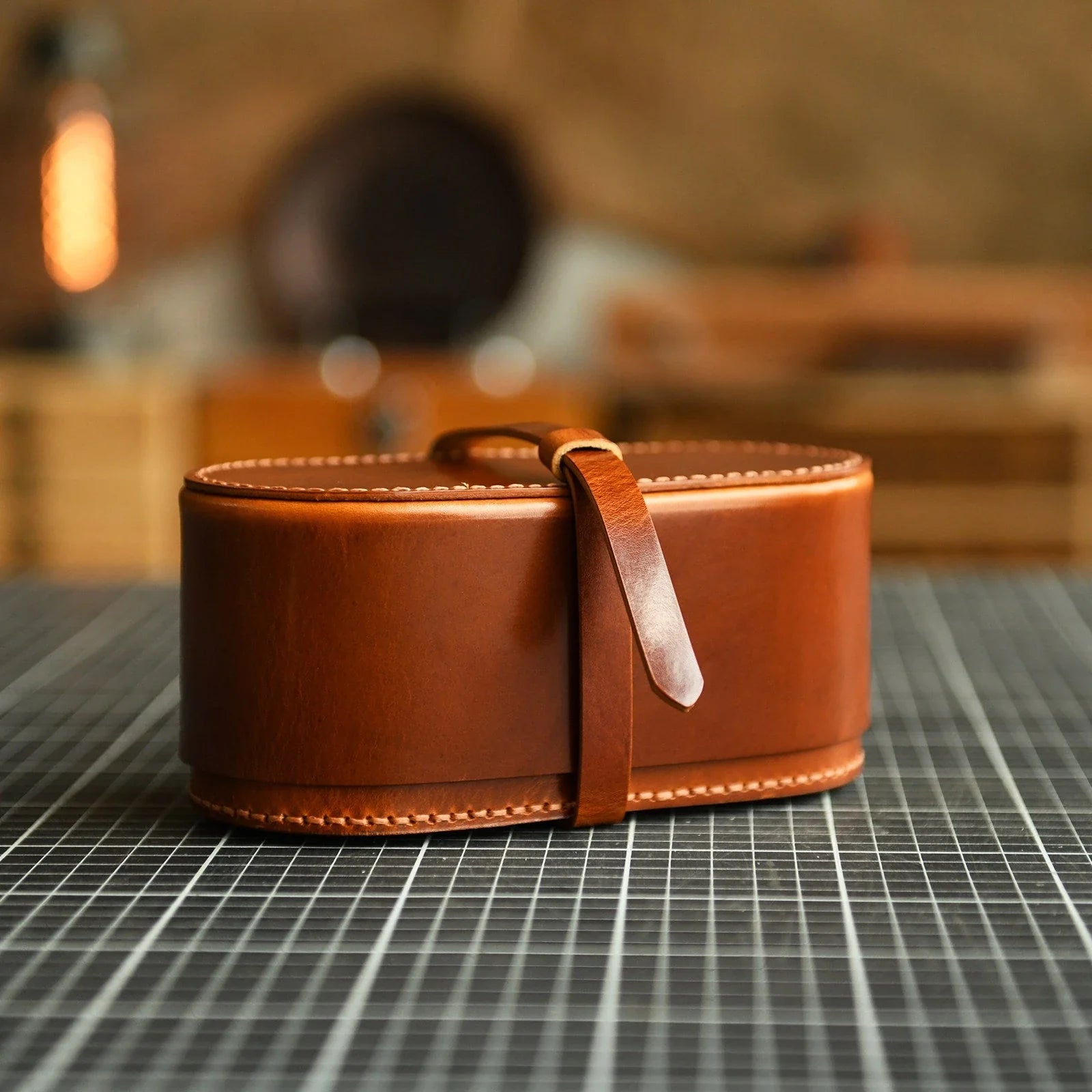 Small vintage brown leather tea set travel case