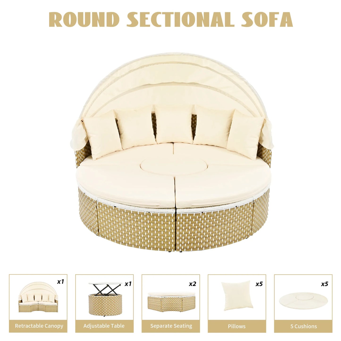 Patio Furniture Round Outdoor Sectional Sofa Set Rattan Daybed Two-Tone Weave Sunbed with Retractable Canopy, Separate Seating and Removable Cushion – view 6