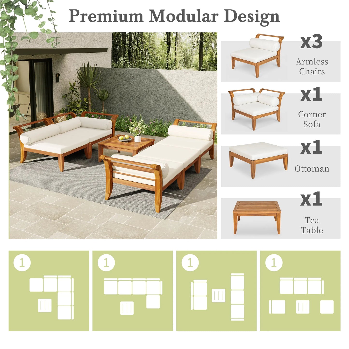 6 Piece Patio Sofa Set, Acacia Wood Outdoor Modular Sectional Garden Furniture Set L-Shaped Conversation Set, Convertible Daybed with Tea Table – view 6