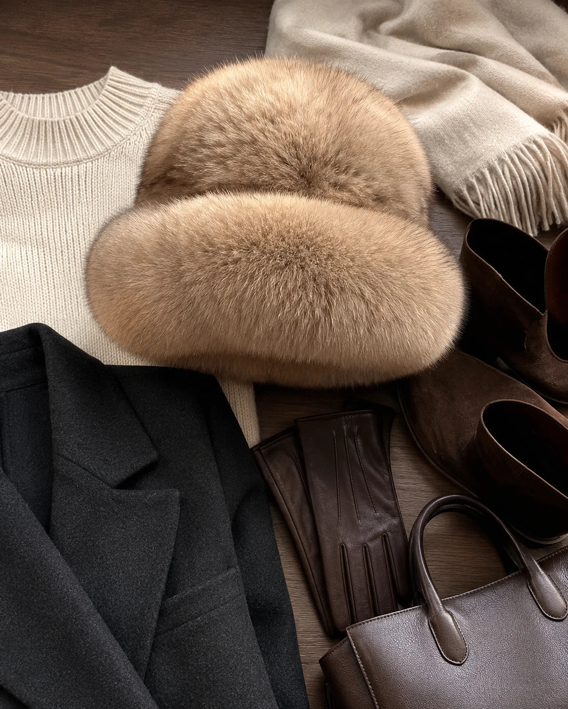 Light Sable Brown genuine sable fur bucket hat styled with winter wardrobe accessories