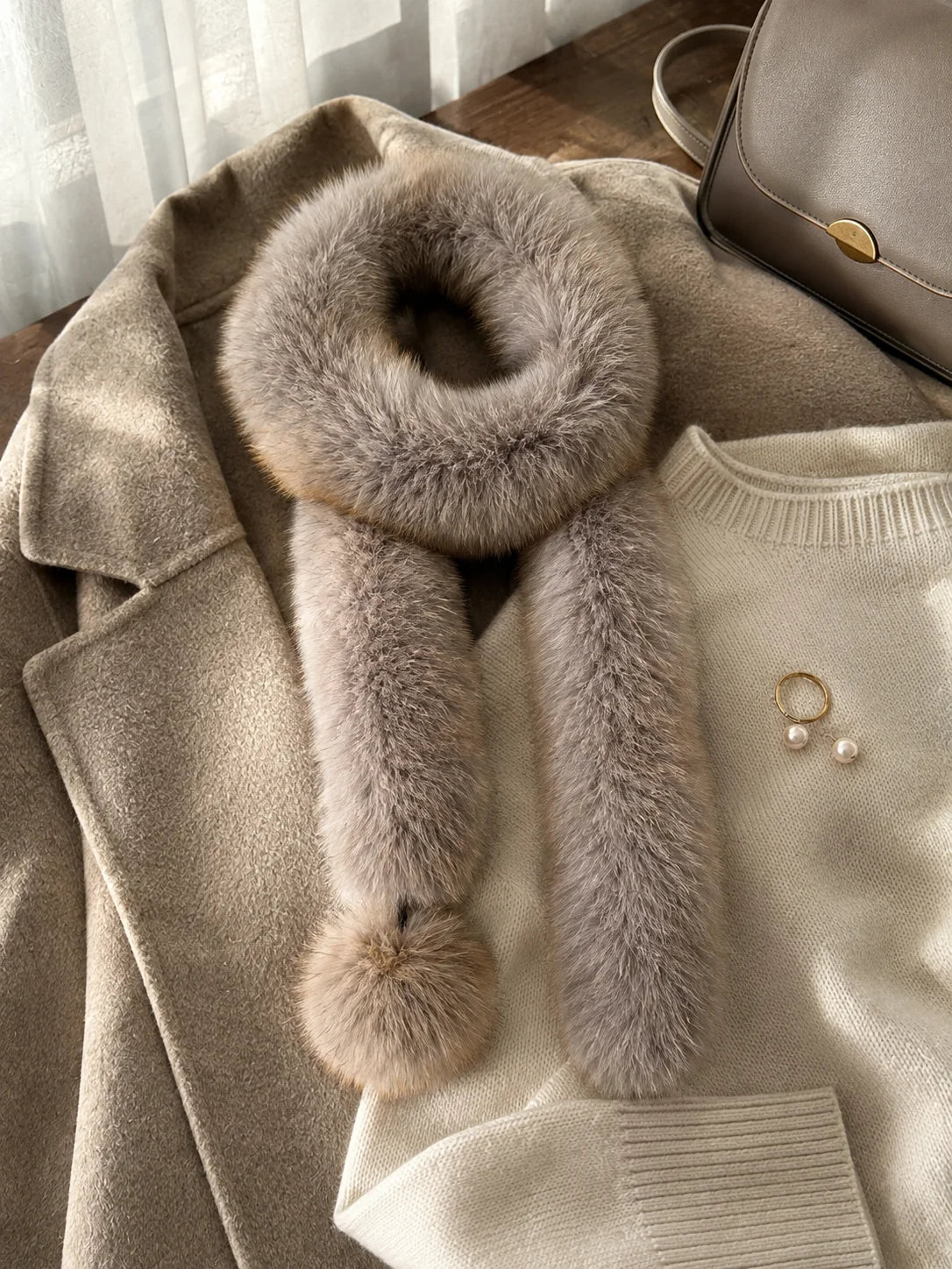 Golden Brown fox fur long scarf styled with a neutral winter wardrobe