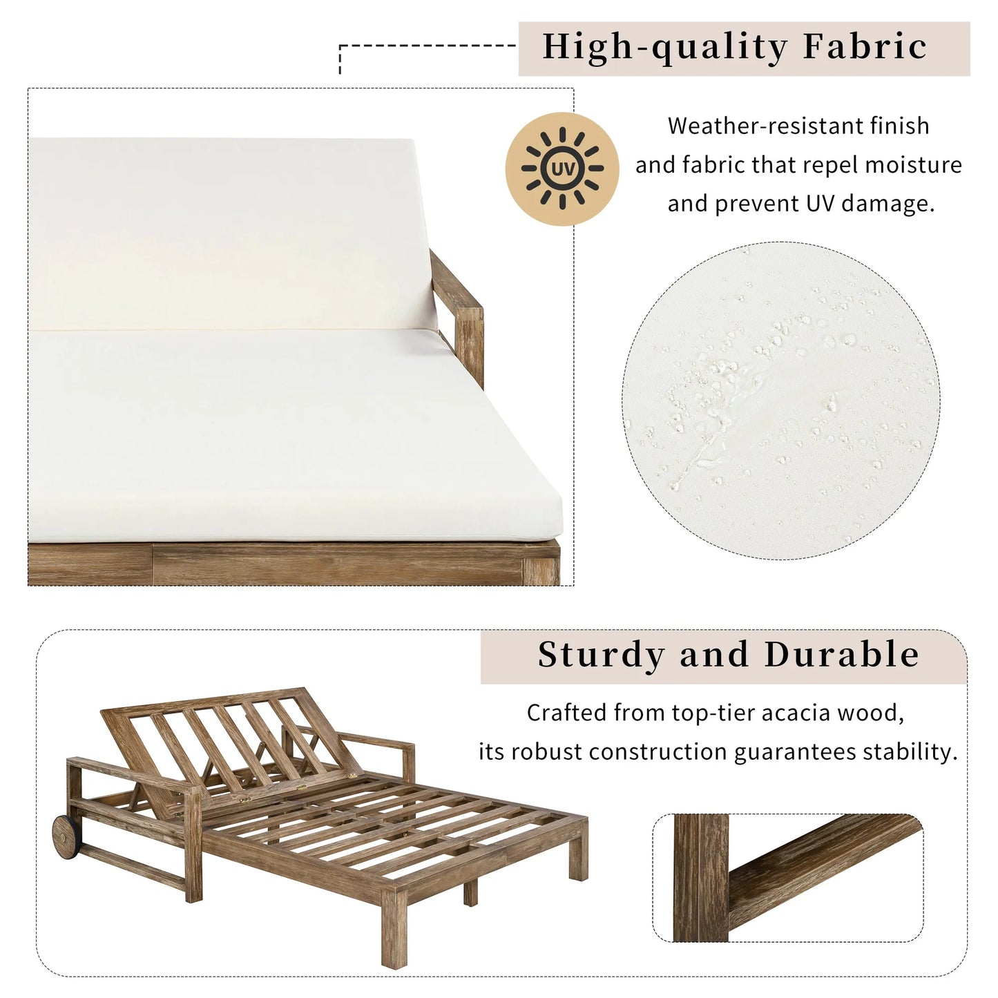 1-Piece Farmhouse-styled Wooden Outdoor Sunbed for Ultimate Relaxation Outdoor Daybed Seating 2 People for Poolside, Garden and Backyard (Beige) – view 6