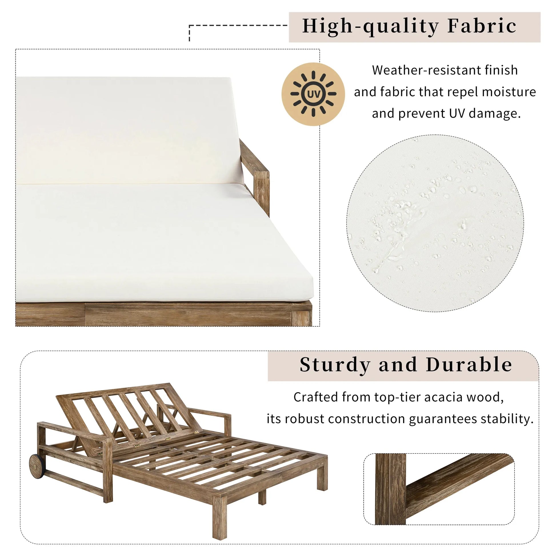 1-Piece Farmhouse-styled Wooden Outdoor Sunbed for Ultimate Relaxation Outdoor Daybed Seating 2 People for Poolside, Garden and Backyard (Beige) – view 6