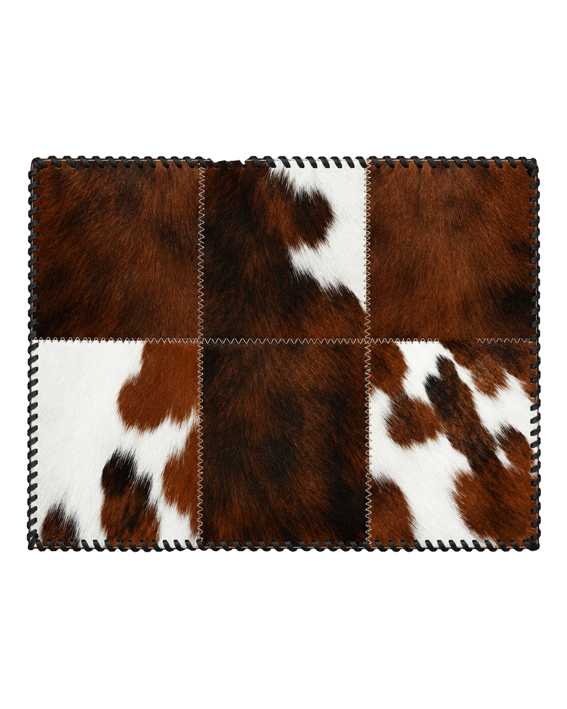Tricolor genuine cowhide patchwork placemat with hand-laced border on transparent background