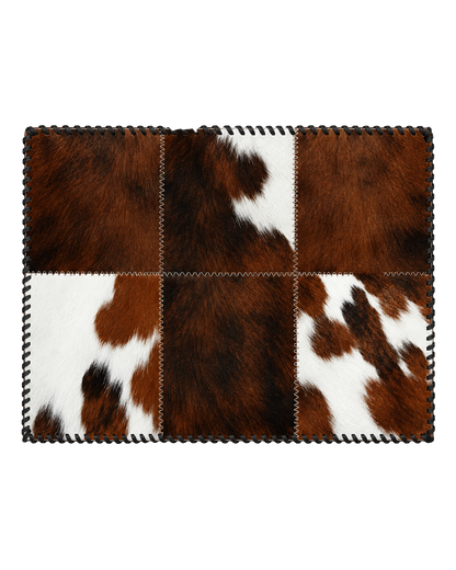 Tricolor genuine cowhide patchwork placemat with hand-laced border on transparent background