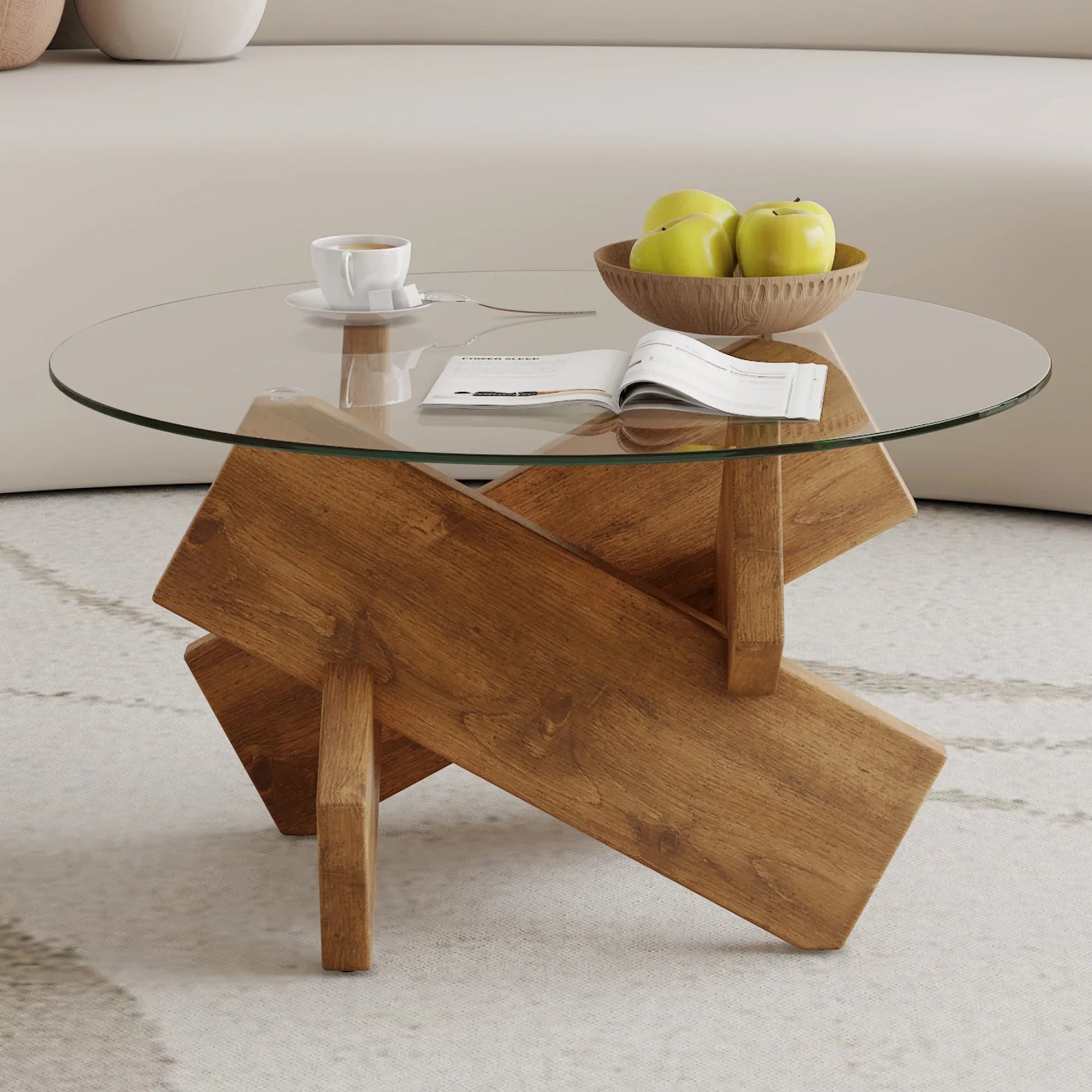 Circular glass coffee table, 33.4-inch modern and distinctive design tea table. Tempered glass countertop, wood colored MDF table legs. Suitable for – view 6