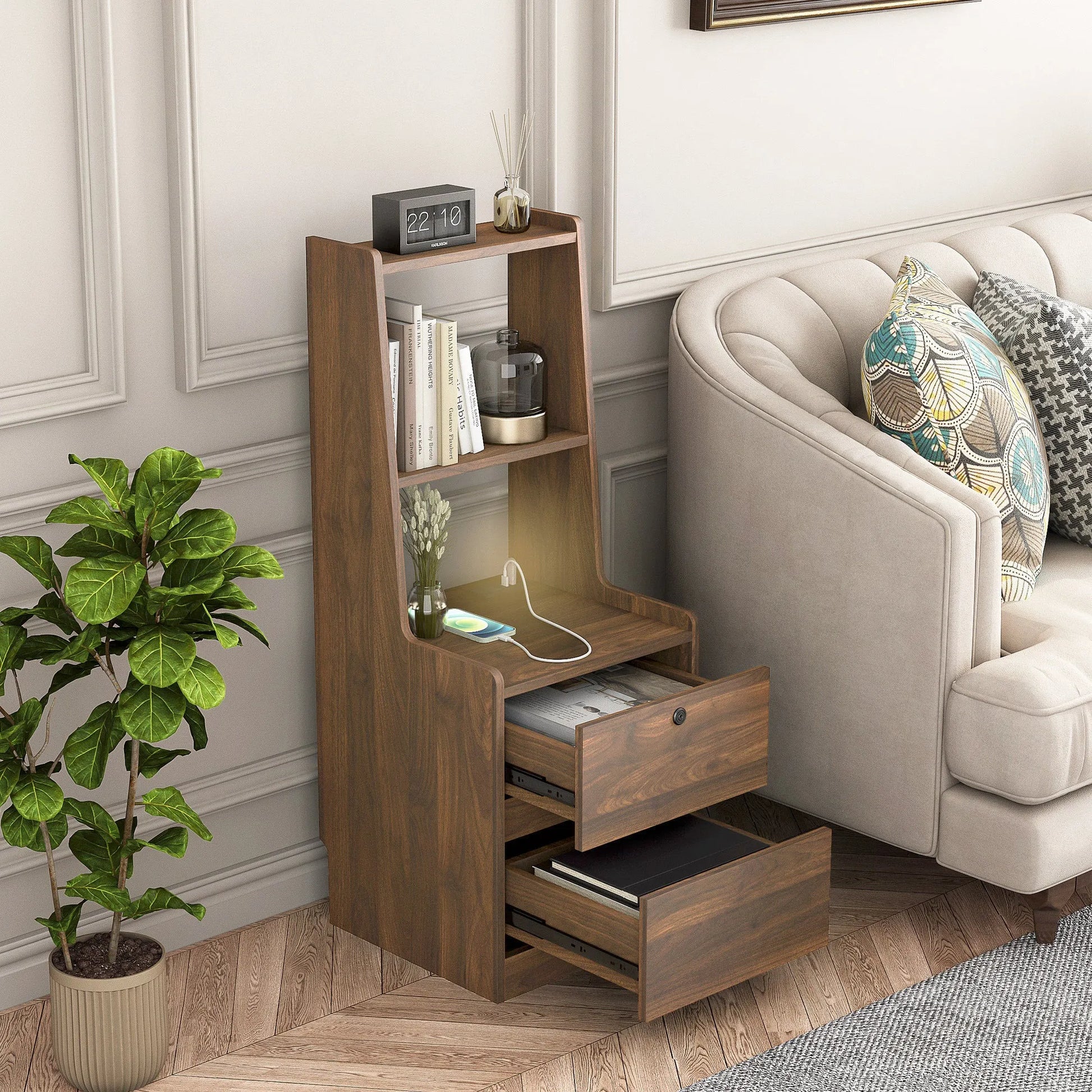 Nightstand with Charging Station, Smart Nightstand with Night Light, Modern Night Stand with Bookshelf, Bedside Tables with Storage Cabinet for – view 6
