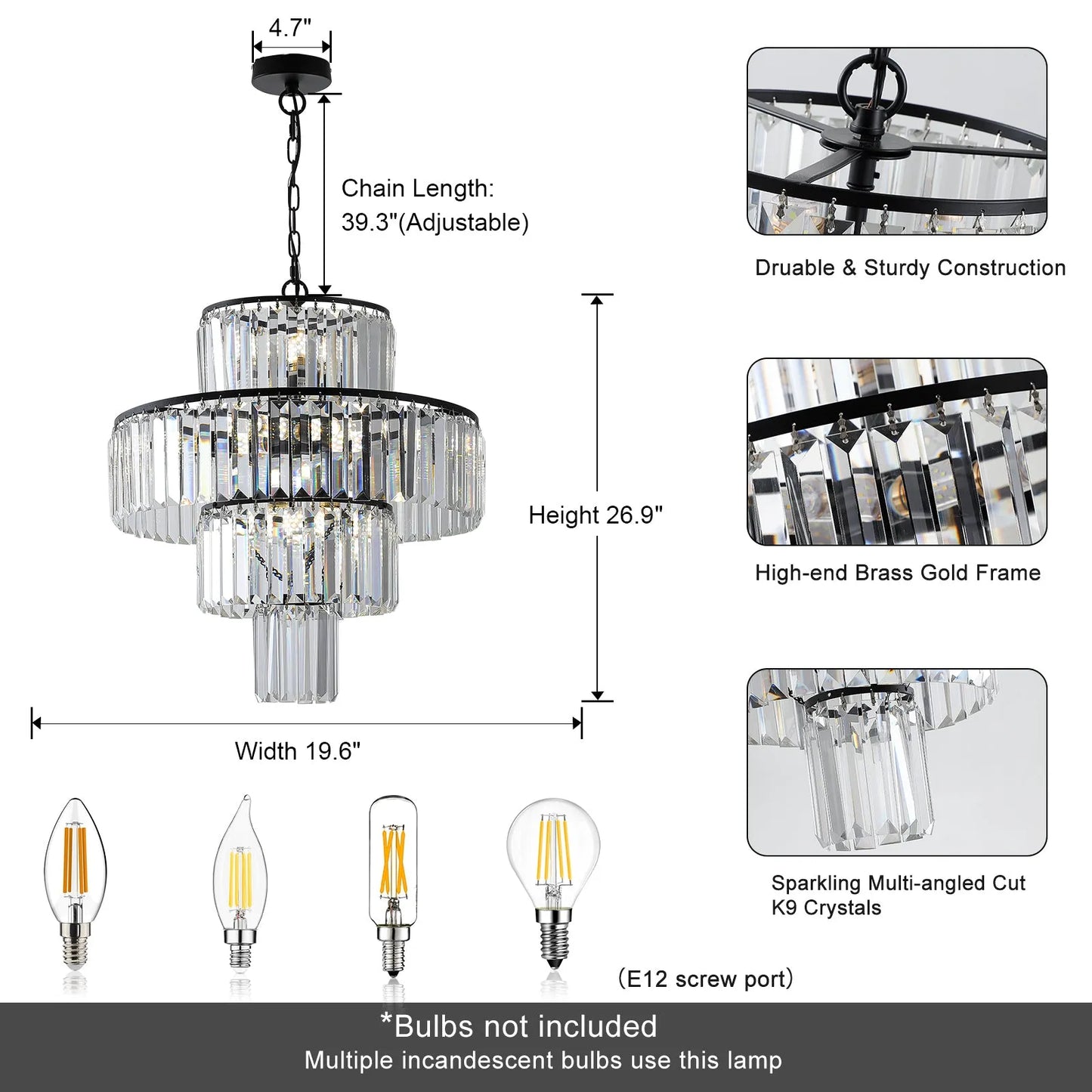 20' Modern Crystal Chandelier with Black Finish, 4-Tier Design for Dining Room or Living Room, Elegant Crystal Pendant Light Fixture (Bulb Not – view 6
