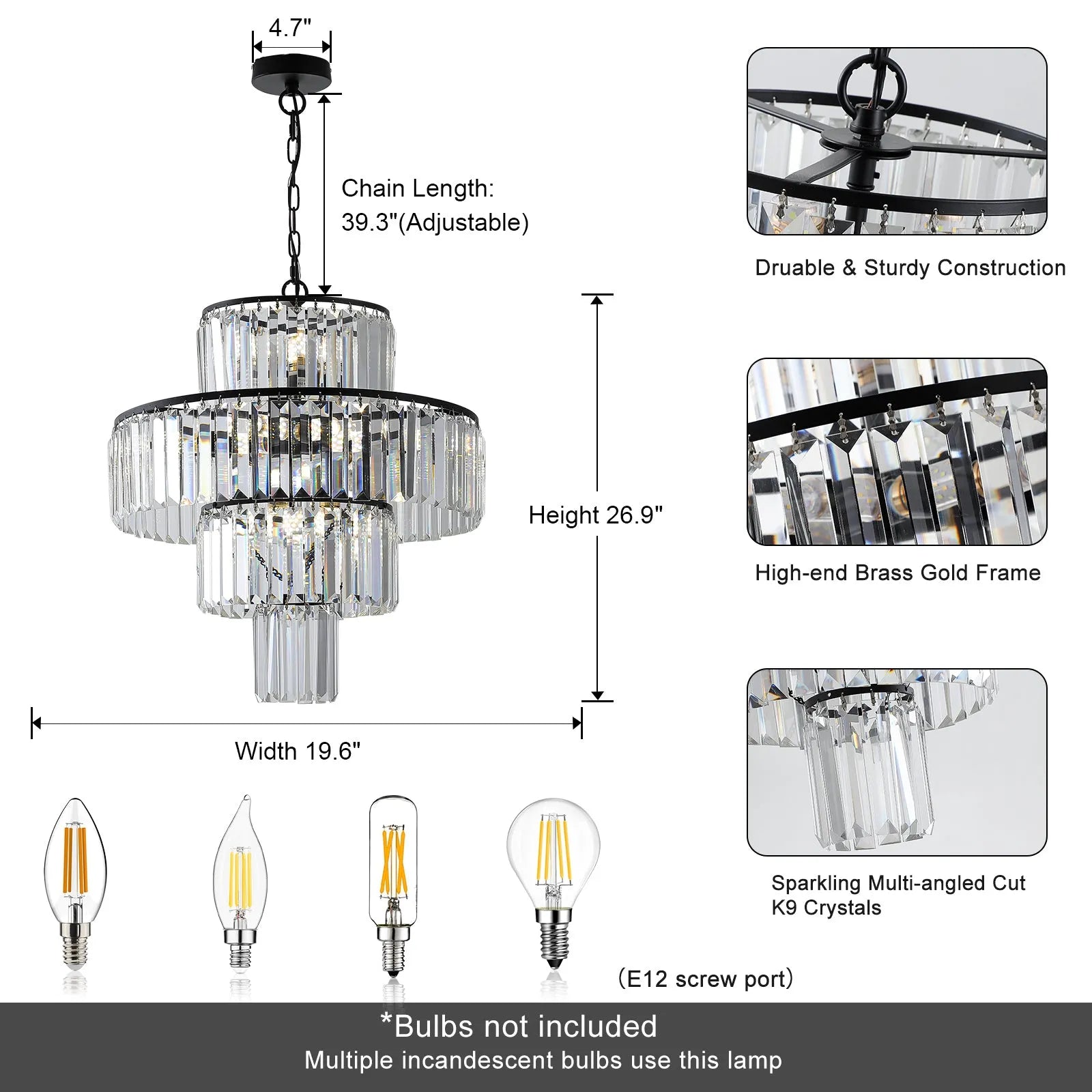 20' Modern Crystal Chandelier with Black Finish, 4-Tier Design for Dining Room or Living Room, Elegant Crystal Pendant Light Fixture (Bulb Not – view 6
