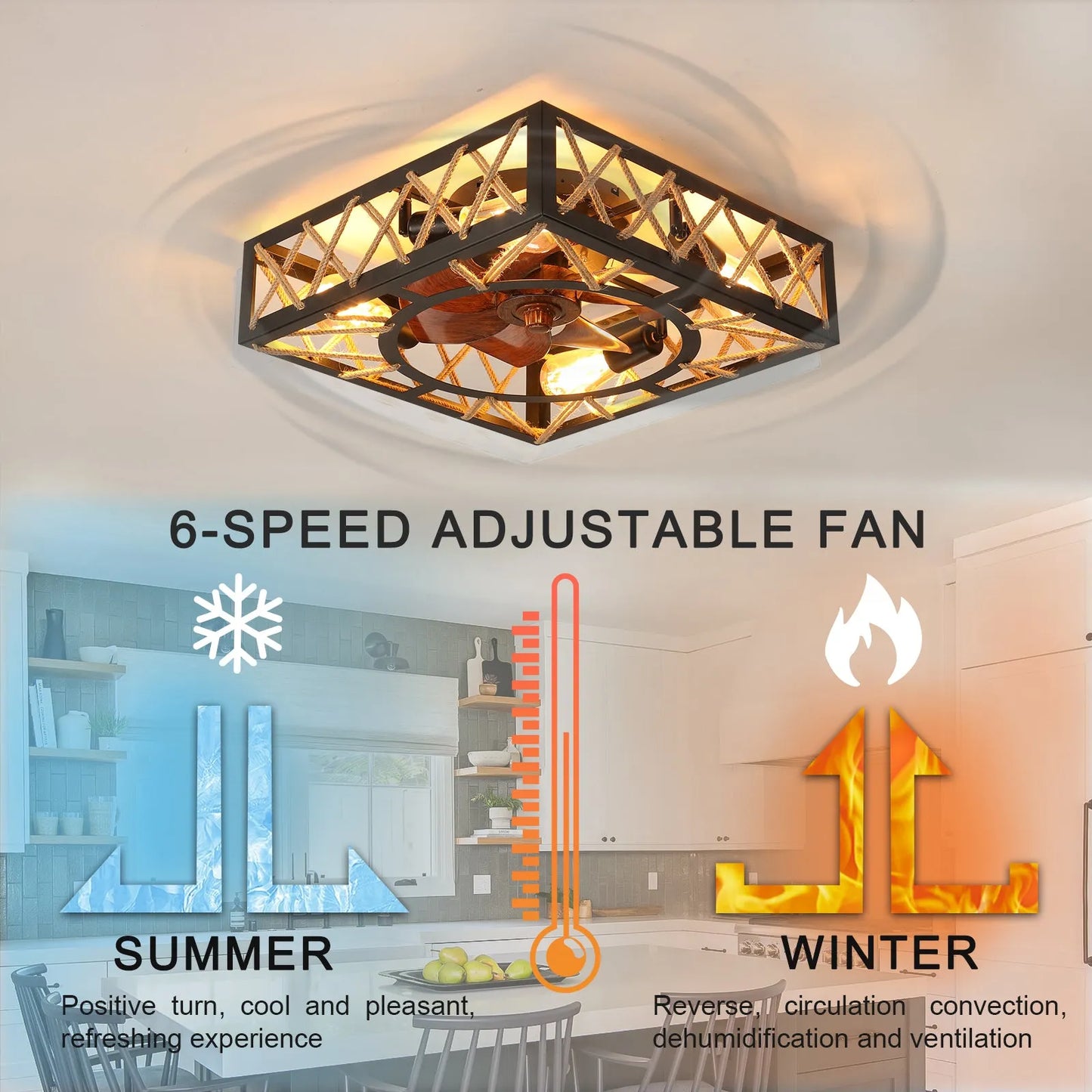 Farmhouse Rustic Ceiling Fan and Remote Control,Square Caged Industrial Ceiling Fixture with 6 Speeds & Noiseless DC Motor for Kitchen Dining Room – view 6