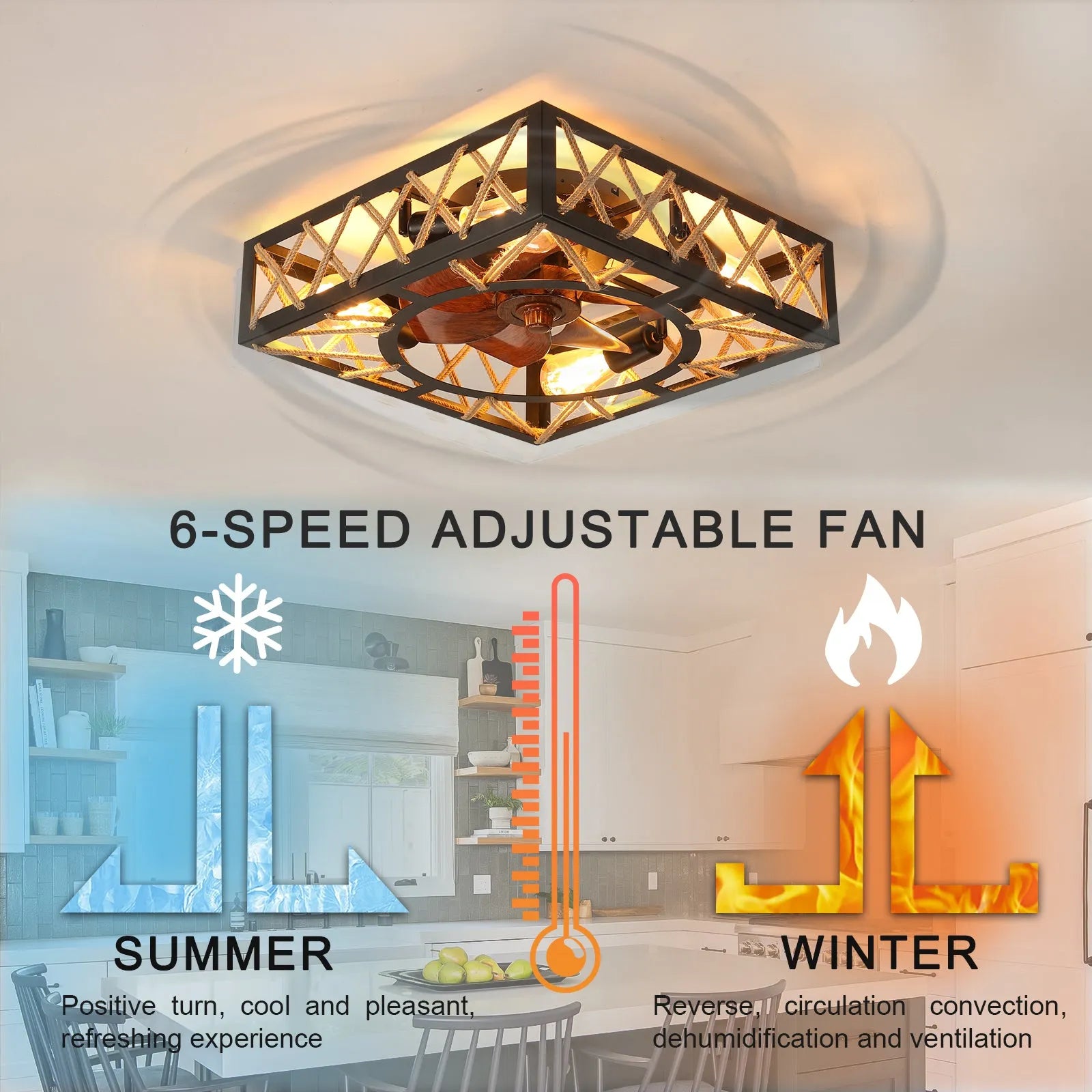 Farmhouse Rustic Ceiling Fan and Remote Control,Square Caged Industrial Ceiling Fixture with 6 Speeds & Noiseless DC Motor for Kitchen Dining Room – view 6