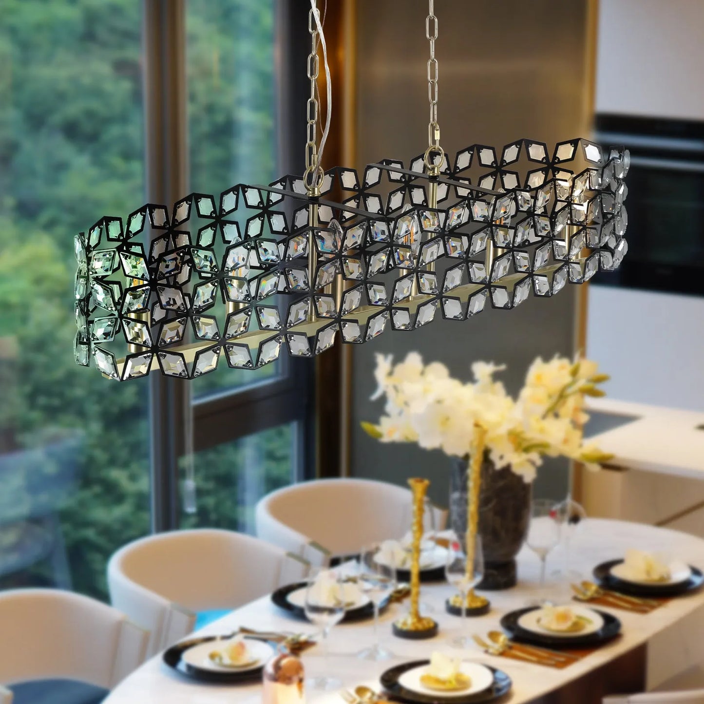 39' Contemporary Crystal and BlackGold Pendant Chandelier – Geometric Modern Light Fixture for Dining Room, Kitchen, or Living Room (Bulb Not – view 6