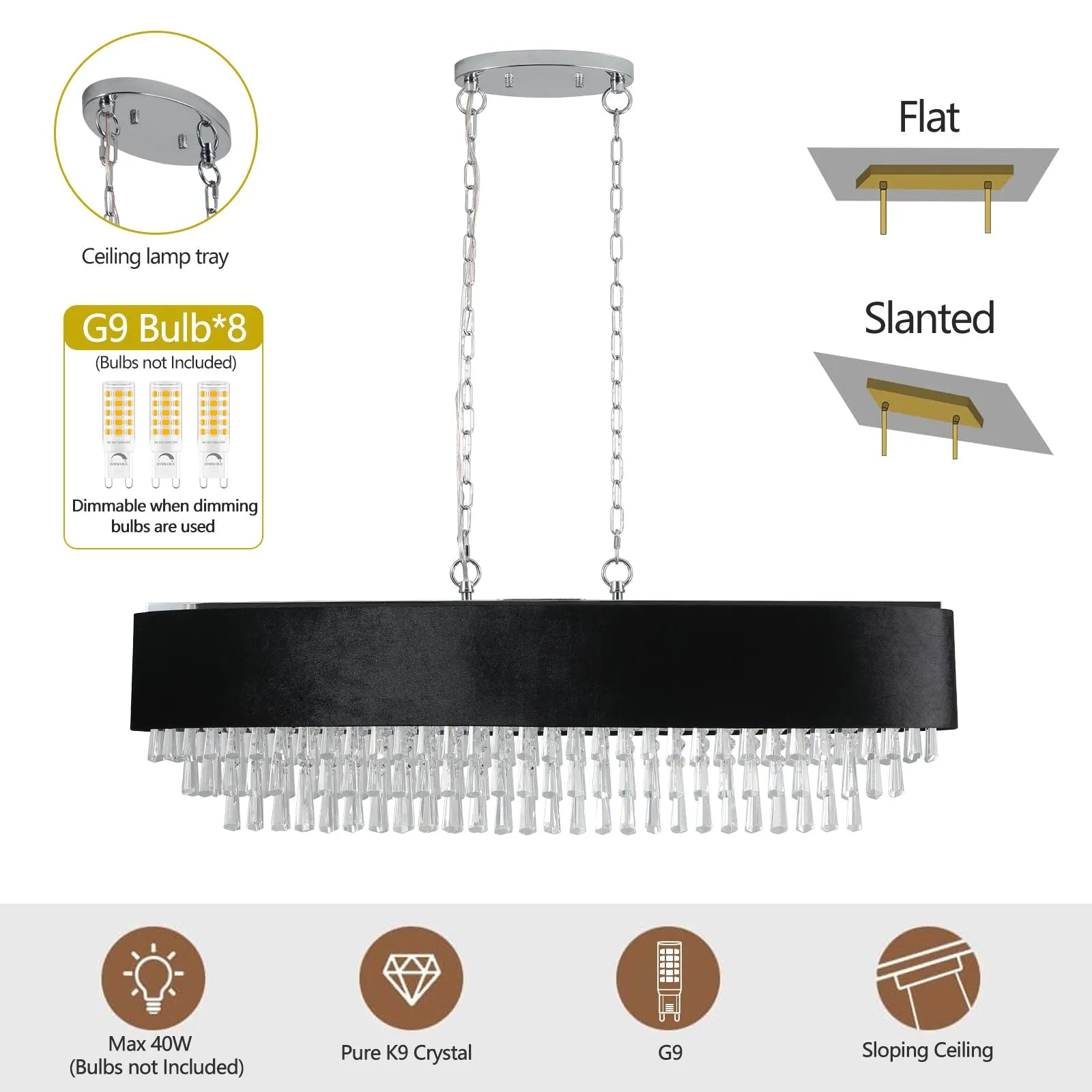 39' Modern Crystal Chandelier with Black Imitation Velvet Anti-Glare Shade, Adjustable Height, 8-Light G9 Base for Dining Room, Living Room, or – view 6
