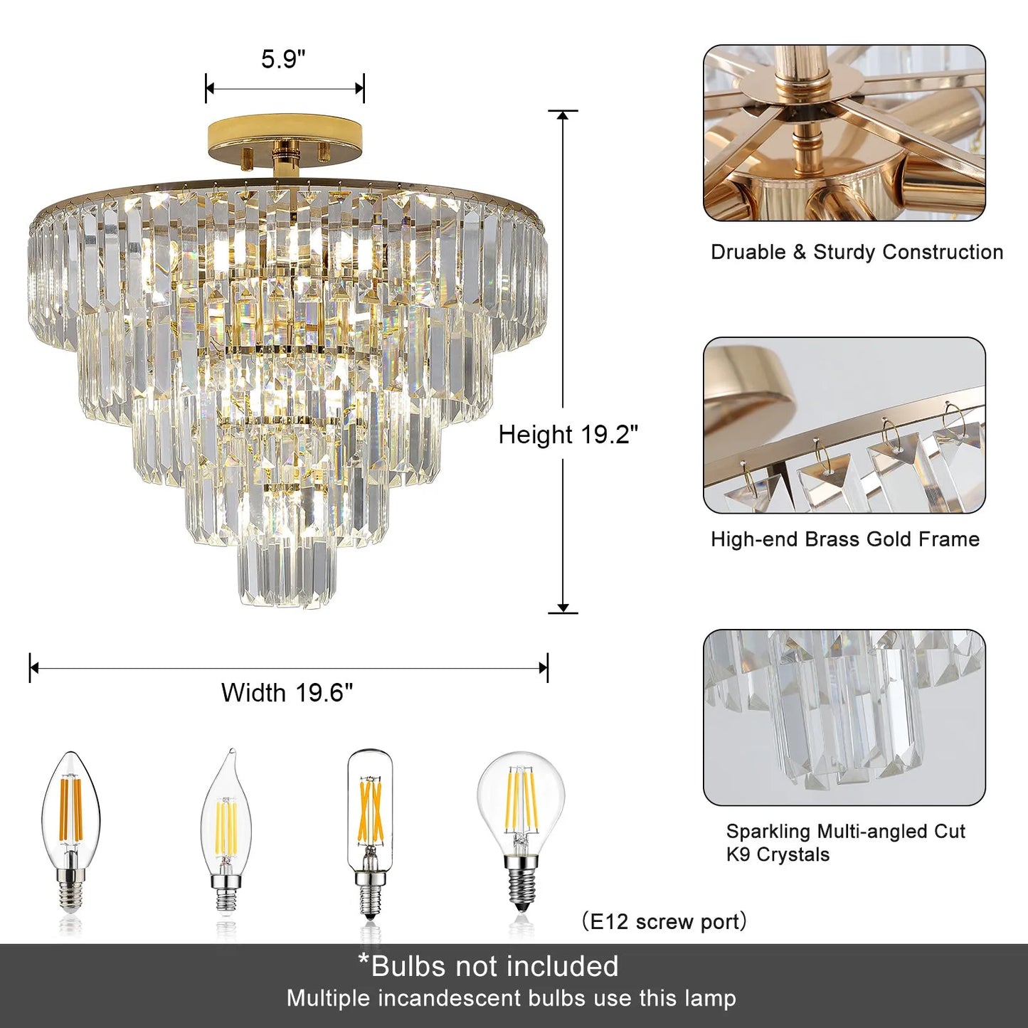 Gold Crystal Chandeliers,5-Tier Round Semi Flush Mount Chandelier Light Fixture,Large Contemporary Luxury Ceiling Lighting for Living Room Dining – view 6