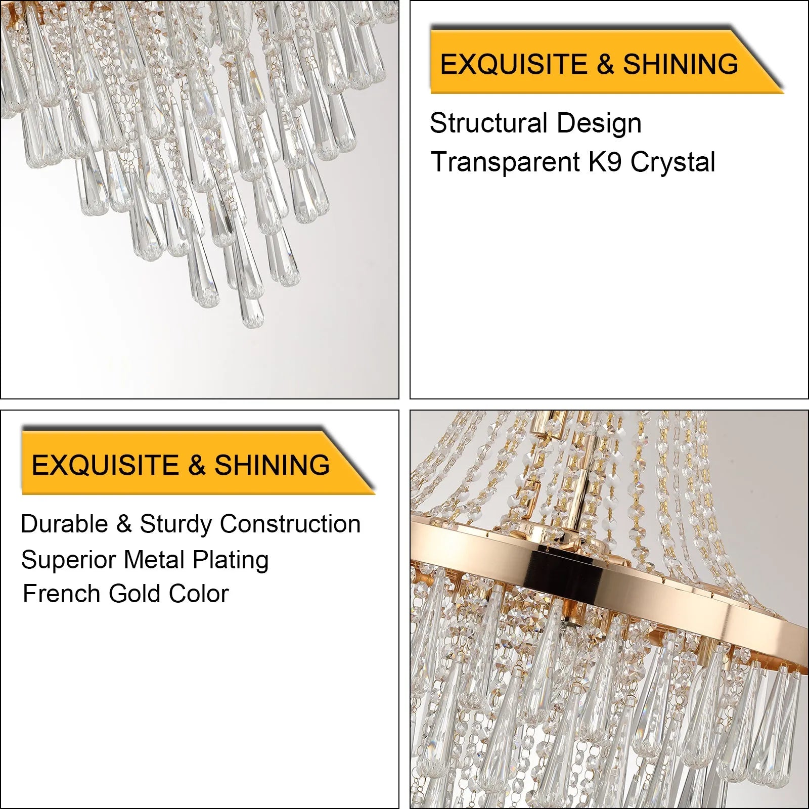 20' Modern Crystal Pendant Chandelier with Golden Finish – Elegant 11-Light Hanging Light Fixture Tiered Design for Dining Room, Living Room, or – view 6