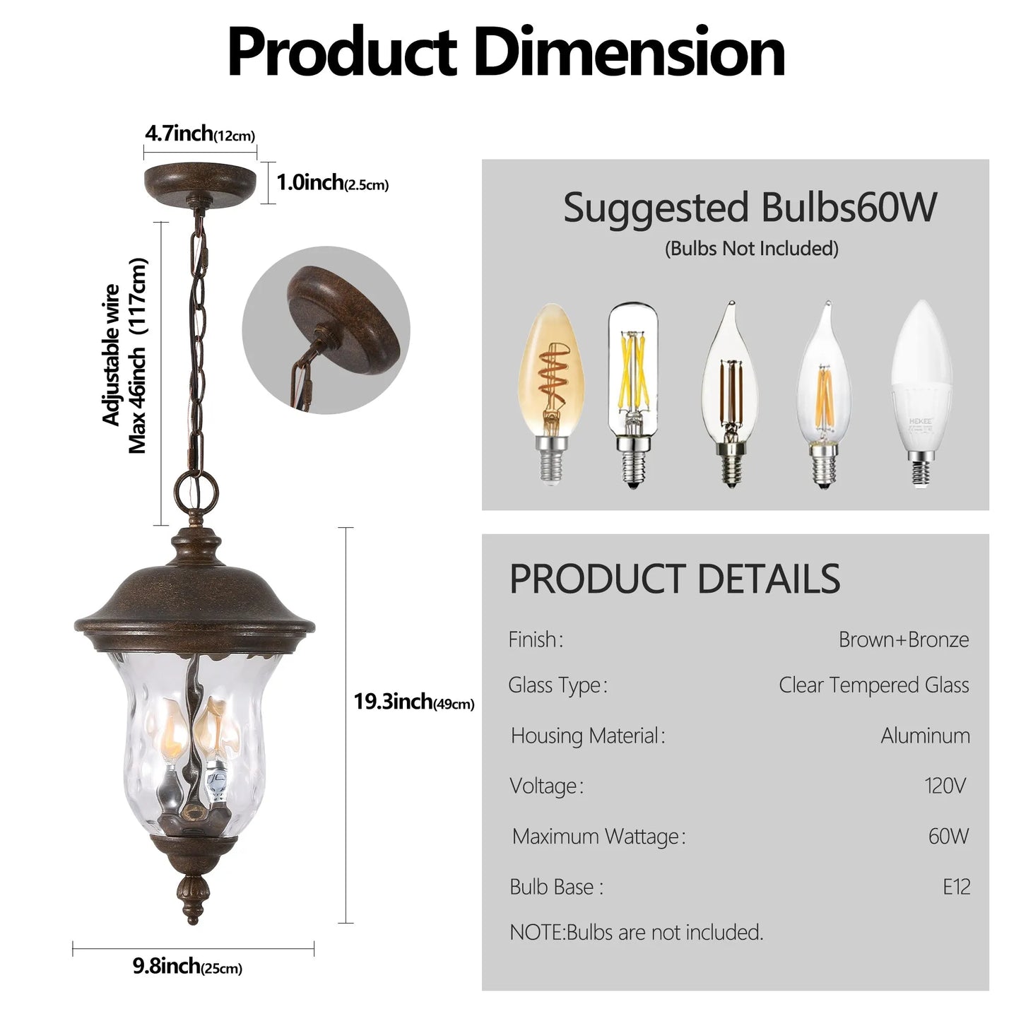 19'(H) Rustic Outdoor Hanging Lantern, Weatherproof Vintage Pendant Light with Clear Glass Shade, Waterproof Exterior Lighting Fixture for Porch – view 6