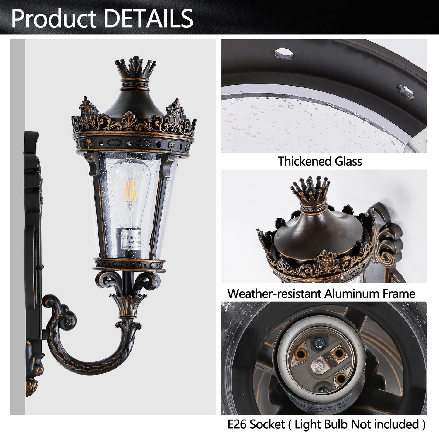 21'(H) Vintage Outdoor Wall Lantern, Waterproof Exterior Wall Sconce with Crown Top and Clear Glass, Decorative Outdoor Lighting Fixture for Patio – view 6