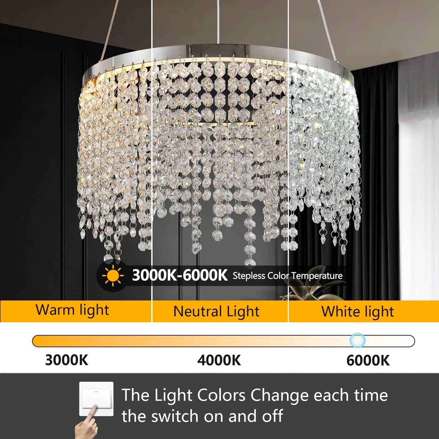 16-inch Luxury Crystal LED Chandelier - Adjustable Height and Color Temperature (3000K-6000K) - Modern Chandelier for Living Room, Dining Room and – view 6