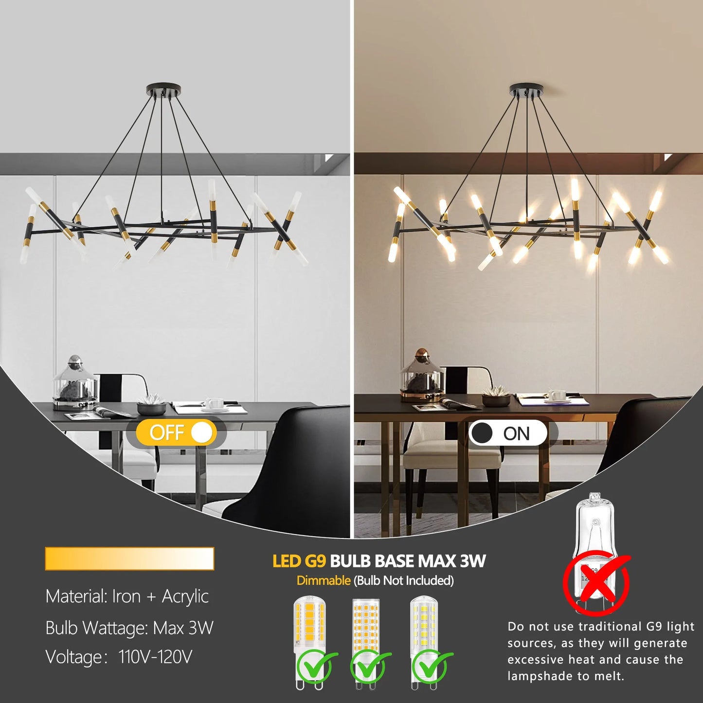 41' Black & Golden Modern Chandelier Light Fixture, Branch Design with Frosted Tubes, Black Cords, Adjustable Height Pendant Light for Dining Room – view 6