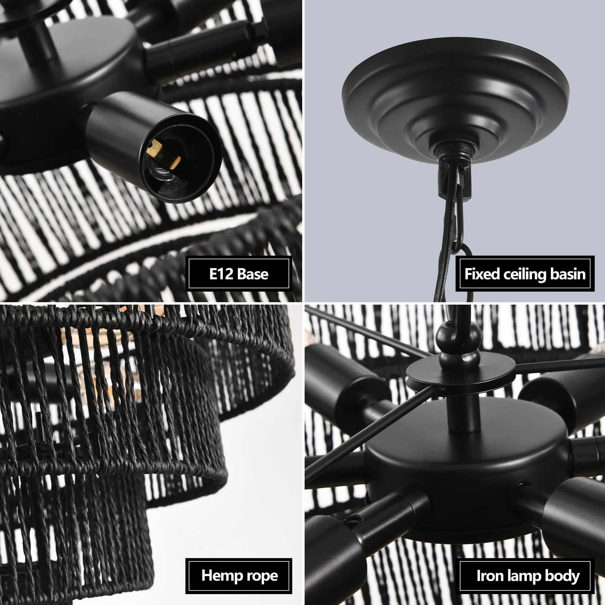 20' Rustic 4-Tier Black Hemp Rope Pendant Light Chandelier with 6 E12 Sockets, Handmade Tiered Boho Ceiling Light Fixture for Dining Room, Kitchen – view 6