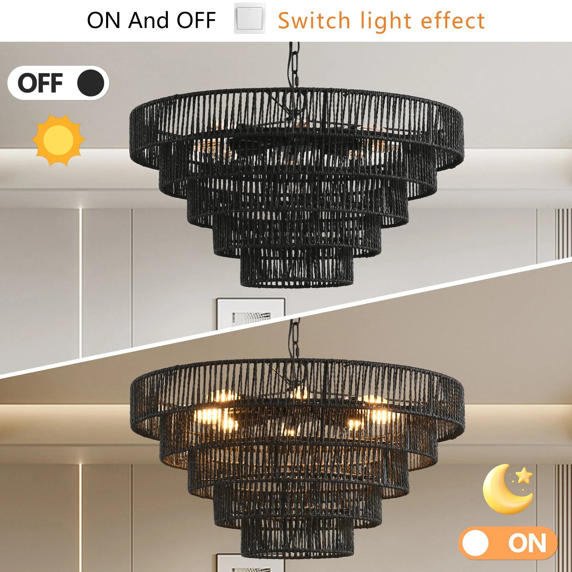 24' Rustic 5-Tier Black Hemp Rope Pendant Light Chandelier with 8 E12 Sockets, Boho Farmhouse Ceiling Fixture for Dining Room, Kitchen, or Entryway – view 6