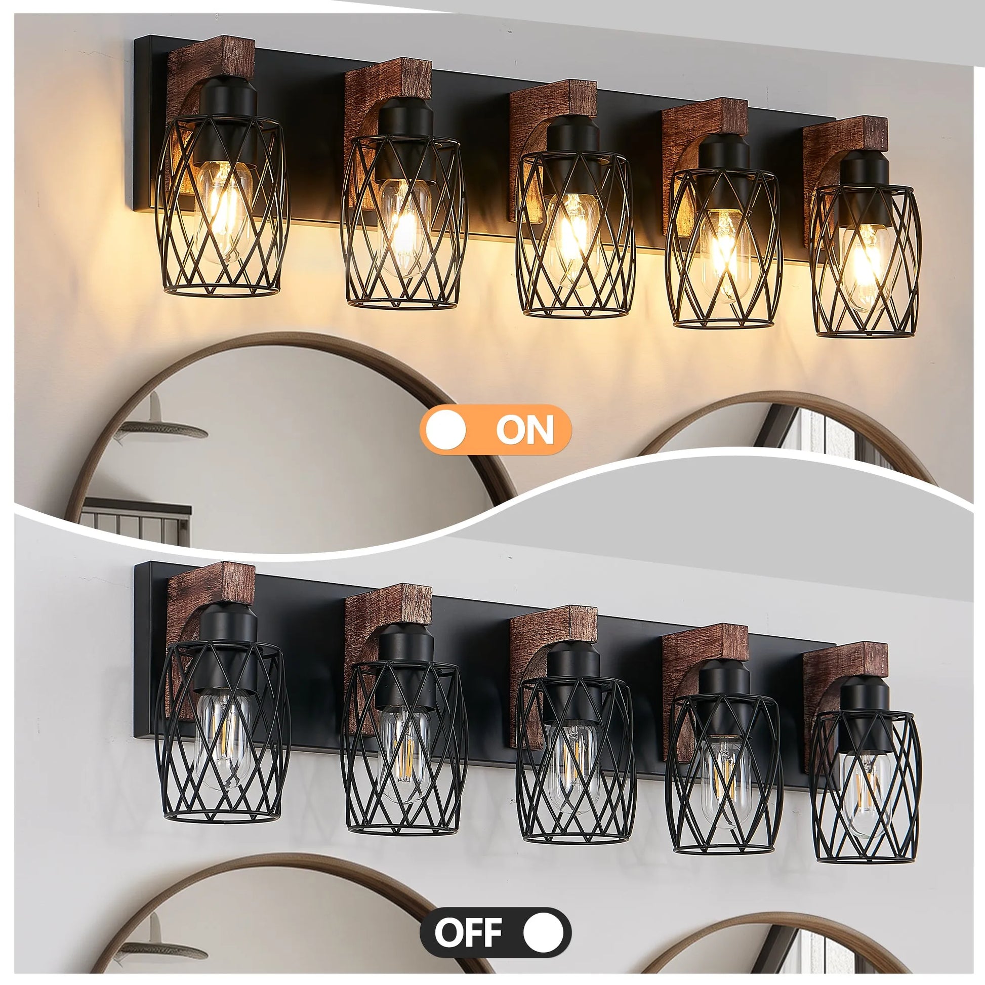 31' Industrial Vintage 5-Light Wall Sconce - Black Cage Wall Lighting Fixture with Wooden Accents for Bathroom, Hallway, or Living Room (Bulb Not – view 6