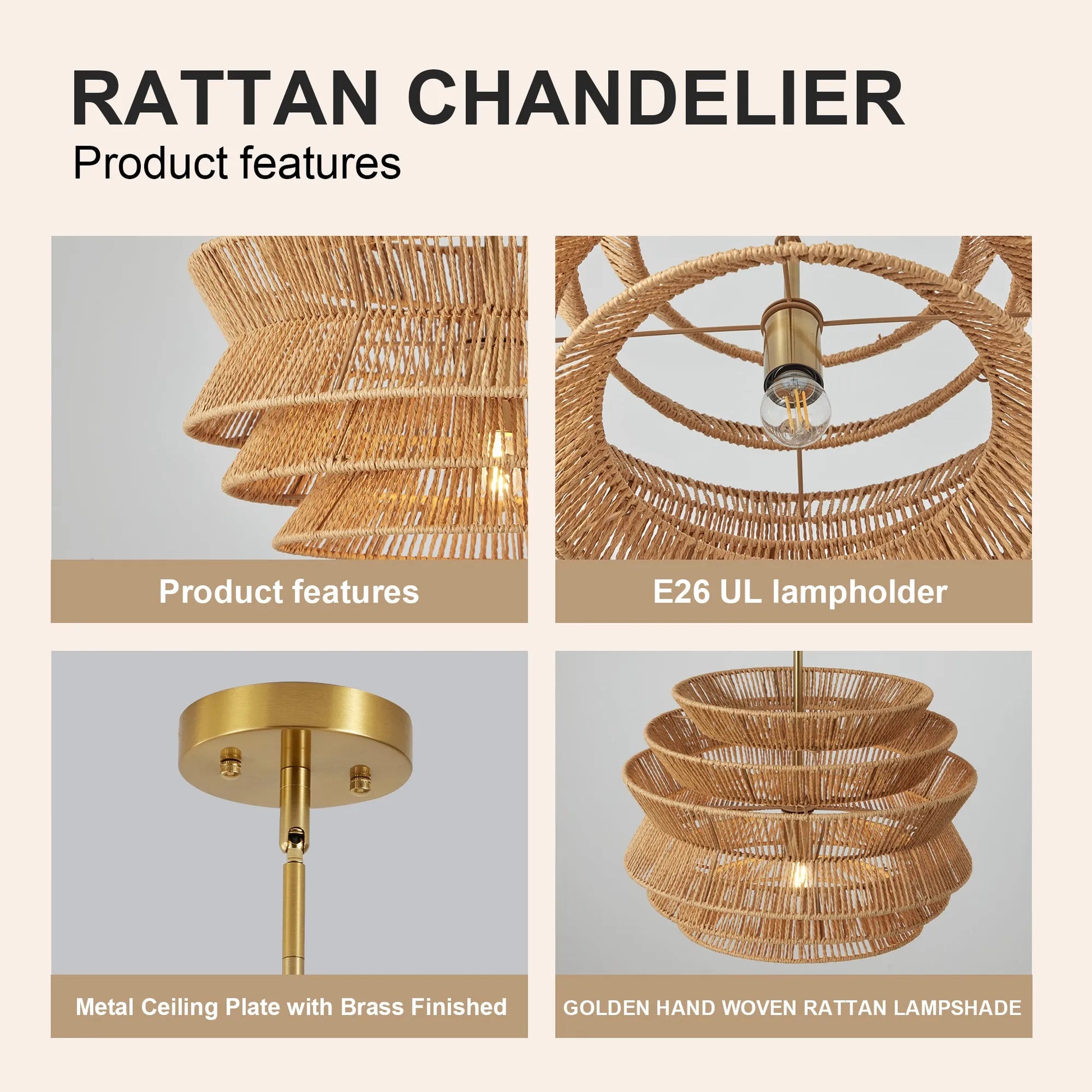 17.3' Rattan Pendant Light,Hand-Woven Rustic Wicker Hanging Light Seagrass Ceiling Chandelier,Water Plants Rattan Chandelier for Dining Living – view 6