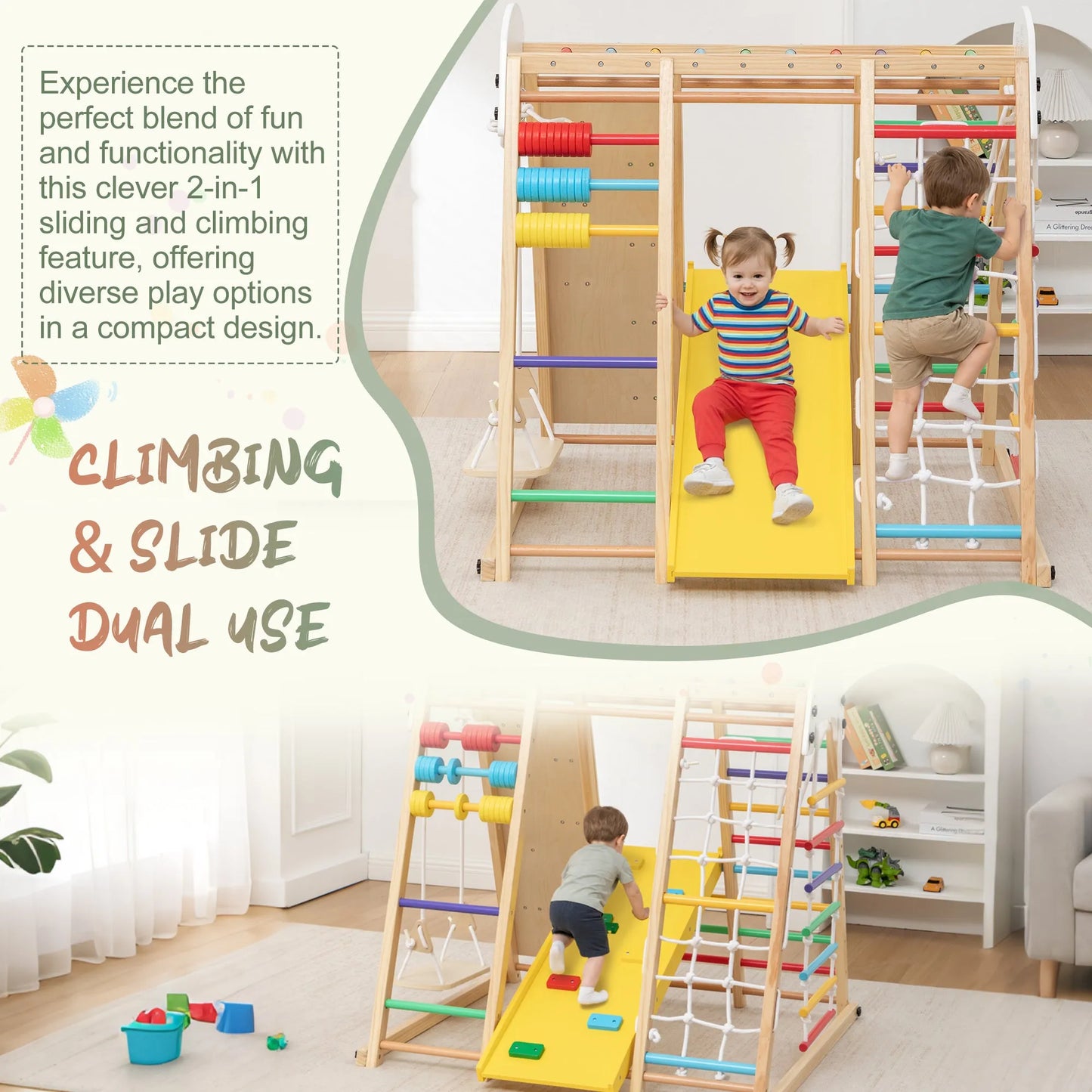 9-in-1 Foldable Kids Climbing Frame & Slide, Wooden Toddler Playground with Swing, Monkey Bars, Climbing Rock, Abacus Game – Indoor Outdoor Playset – view 6