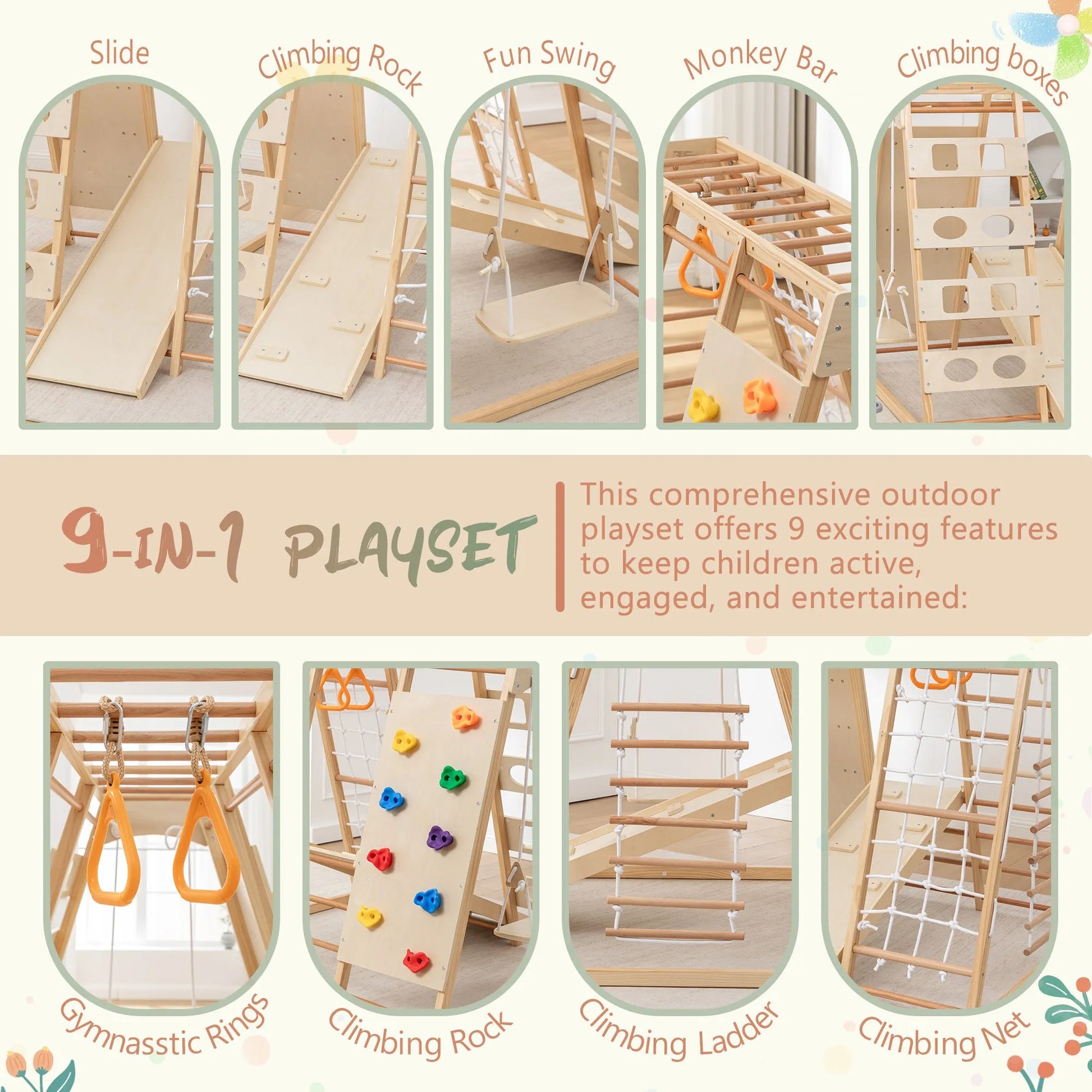 9-in-1 Slide and Climbing Wall for Toddlers 3+, Wooden Indoor Play Structure, Heavy Duty 176 lbs Capacity, Safe Rounded Edge Natural Wood, Balance & – view 6