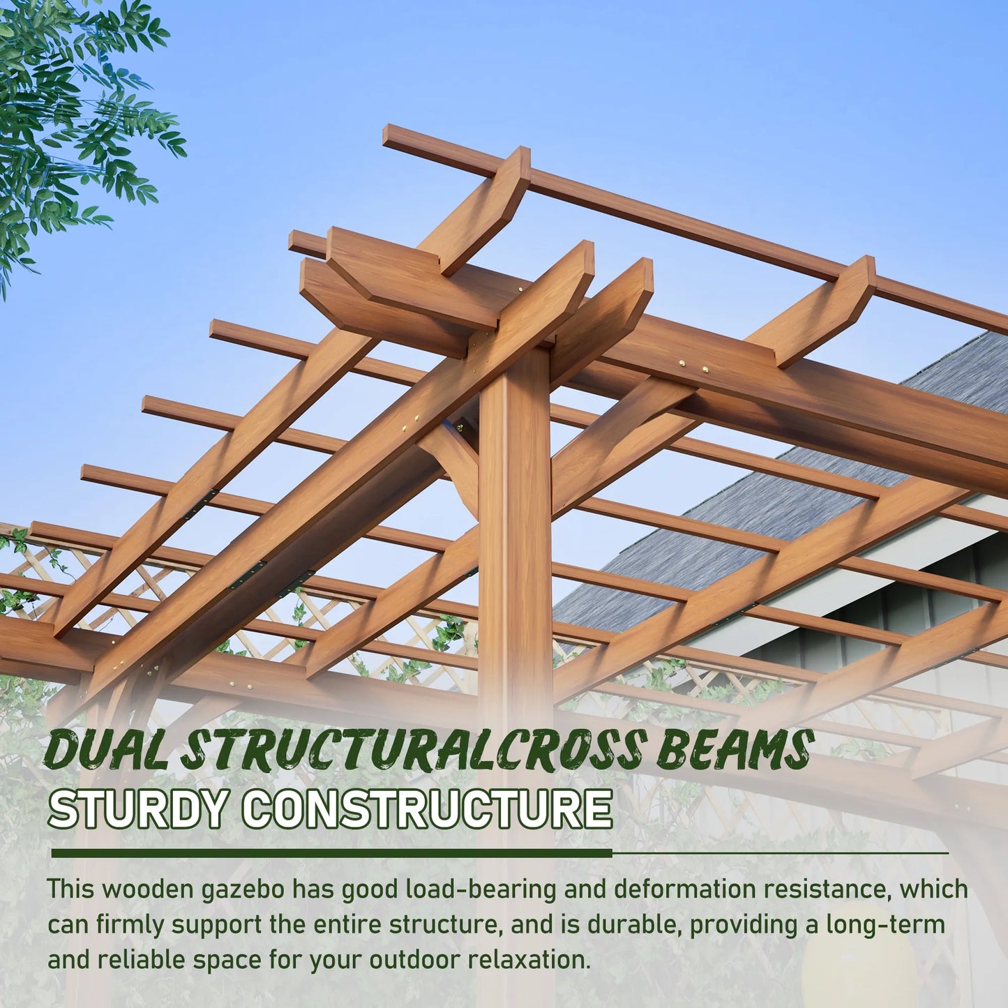 12 x 10 FT Outdoor Wood Pergola, Wooden Grape Pergola for Climbing Plant Support for Garden, Patio, Backyard, Deck, Brown – view 6
