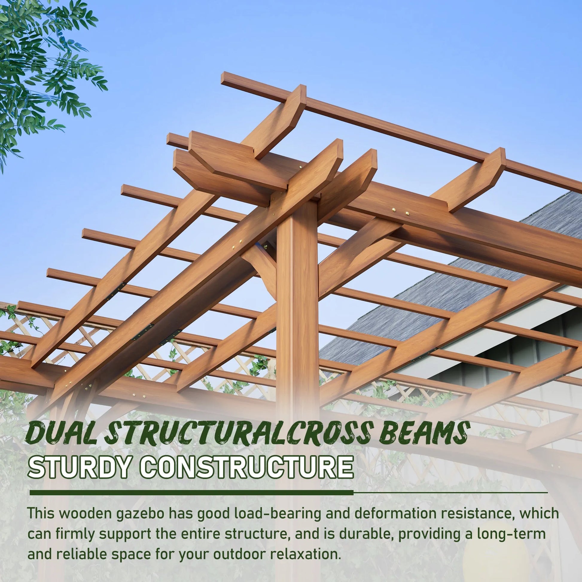 12 x 10 FT Outdoor Wood Pergola, Wooden Grape Pergola for Climbing Plant Support for Garden, Patio, Backyard, Deck, Brown – view 6