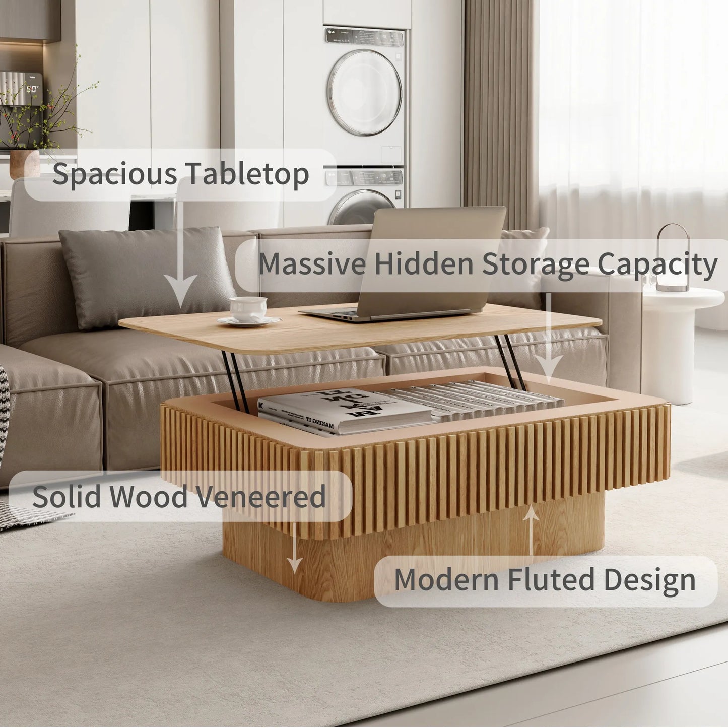 38.6'' Fluted Lift-top Coffee Table Solid Wood Veneered Modern Coffee Table Accent Tea Table with Storage and Adjustable Height for Living Room – view 6