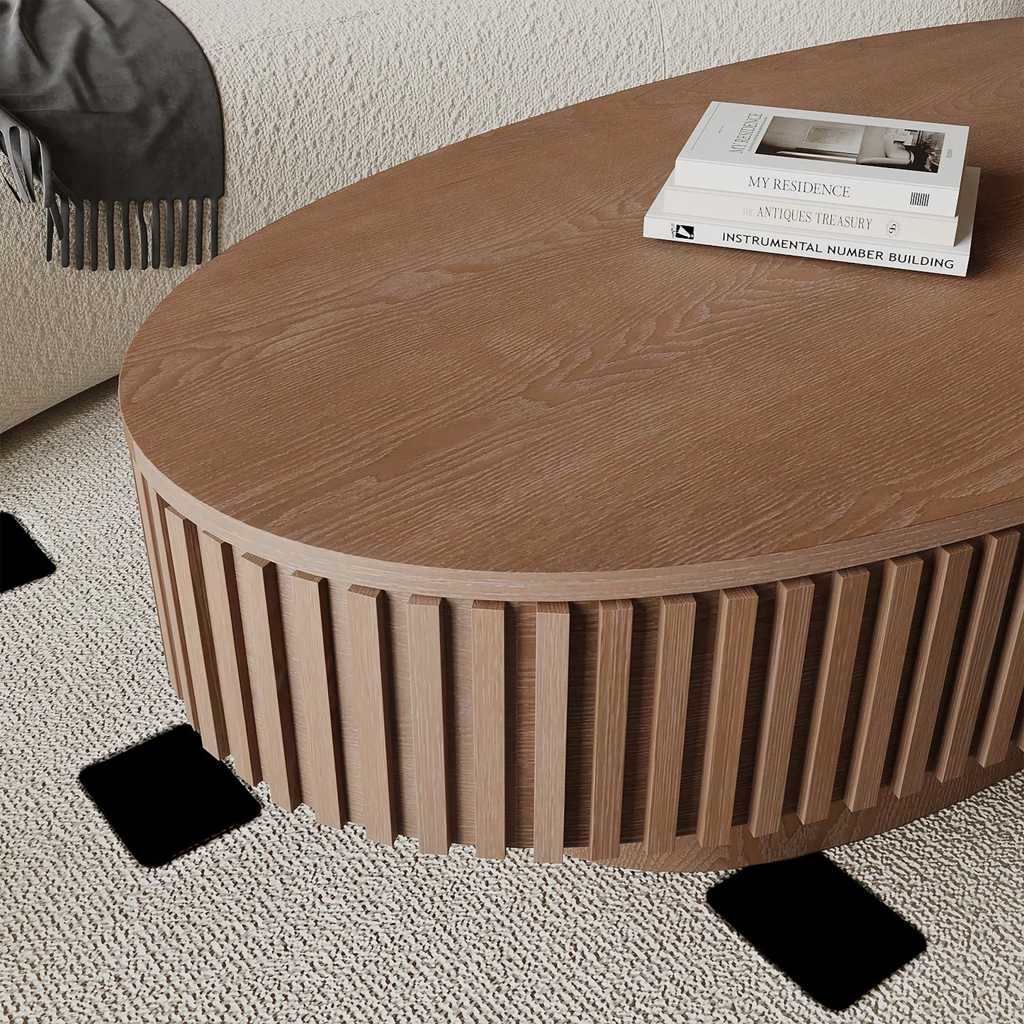 47'' Oval Coffee Table with Storage Solid Wood Veneered Modern Coffee Table Accent Tea Table for Living Room, Bedroom, Apartment or Office, Walnut – view 6