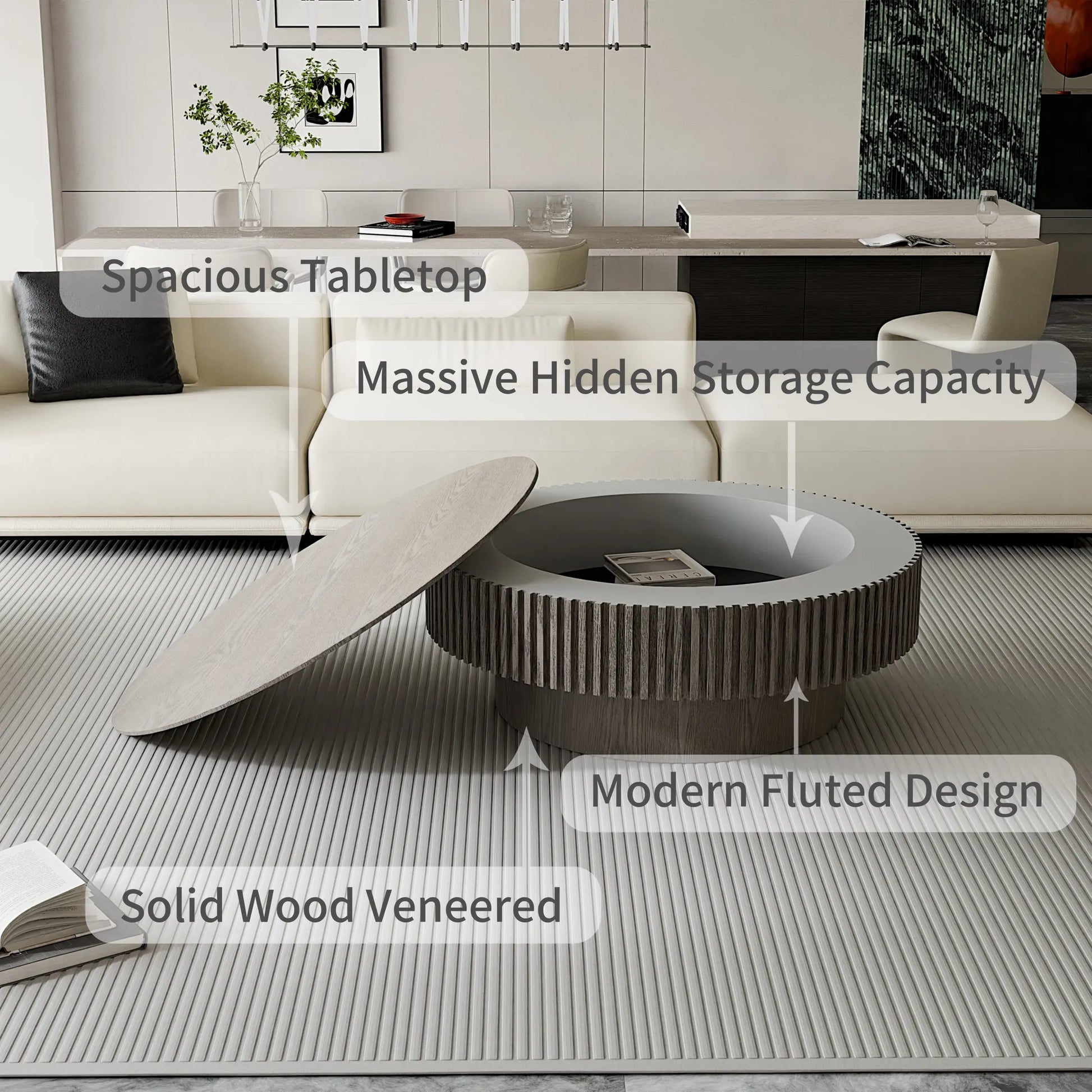 39.37'' Round Coffee Table with Storage Solid Wood Veneered Modern Coffee Table Accent Tea Table for Living Room, Bedroom, Apartment or Office, Grey – view 6