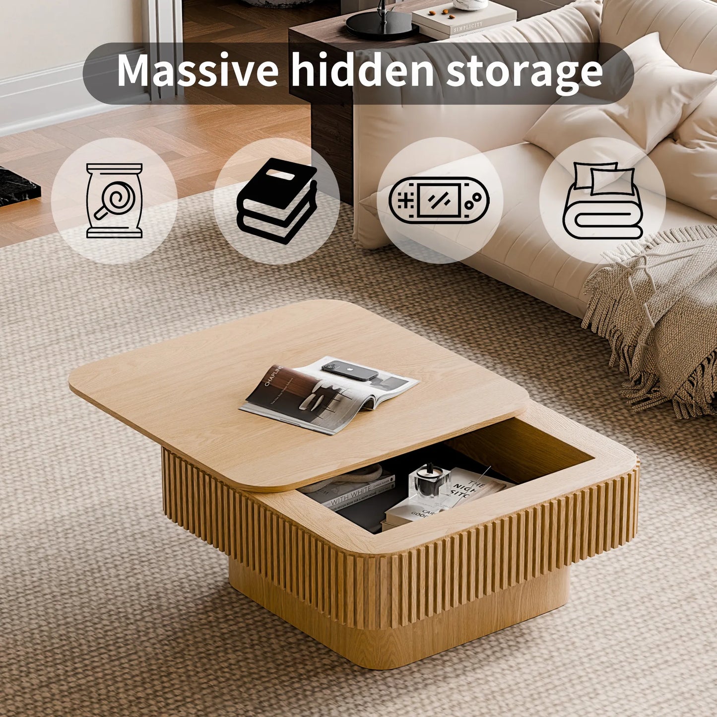 31.5'' Square Coffee Table with Storage Solid Wood Veneered Modern Coffee Table Accent Tea Table for Living Room, Bedroom, Apartment or Office – view 6
