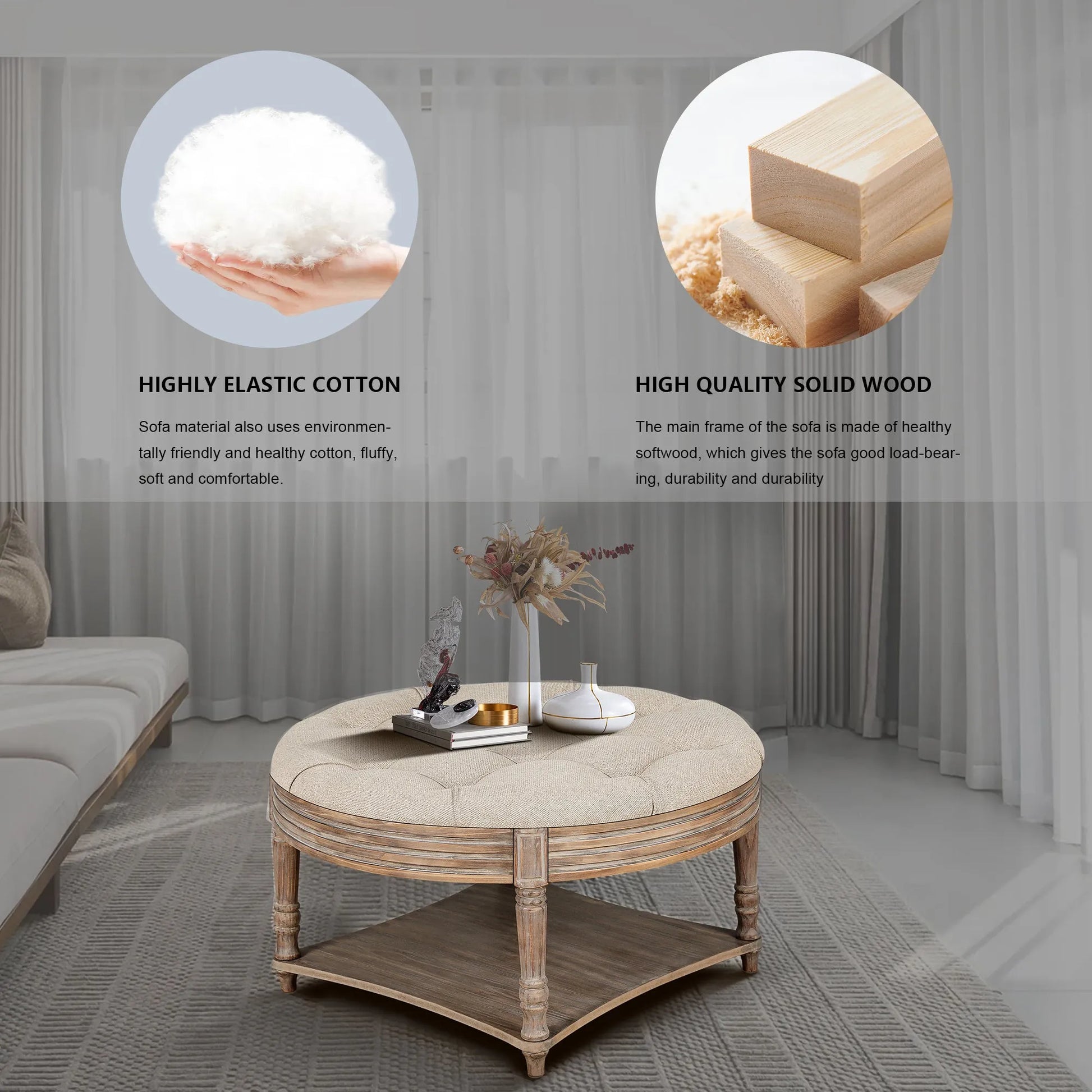 Large Round Waterproof Ottoman Coffee Table 2 Tier Oversized Button Tufted Ottoman with Wooden Shelf Storage Farmhouse Upholstered Coffee Table – view 6