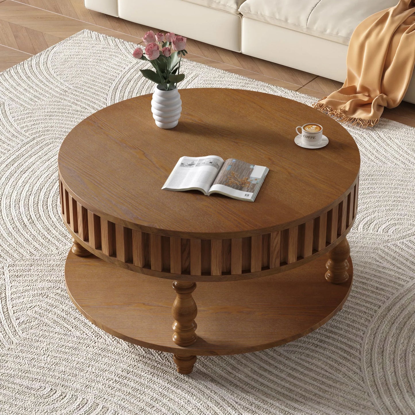 Farmhouse Fluted Coffee Table with Storage and Flip-Top Lids, Rustic Brown Center Table for Living Room with Spacious Hidden Storage, Sturdy Durable – view 6